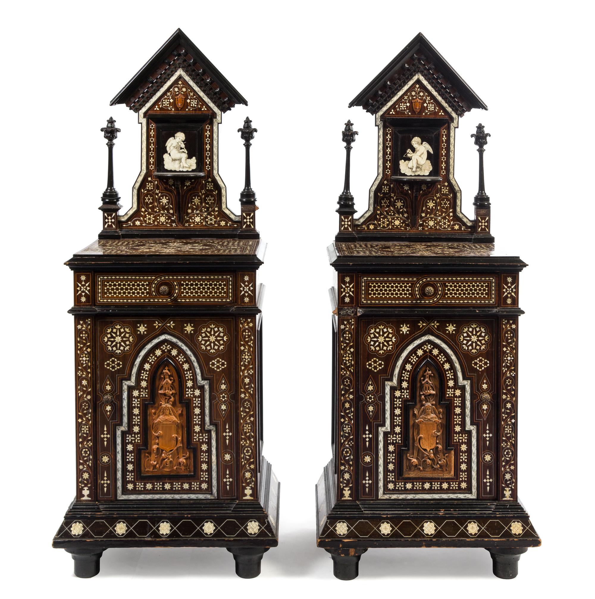 A Pair of North Italian Bone Inlaid and Parcel Ebonized Night Tables Height 54 3/4 x width 19 x depth 15 inches. — 19TH CENTURY