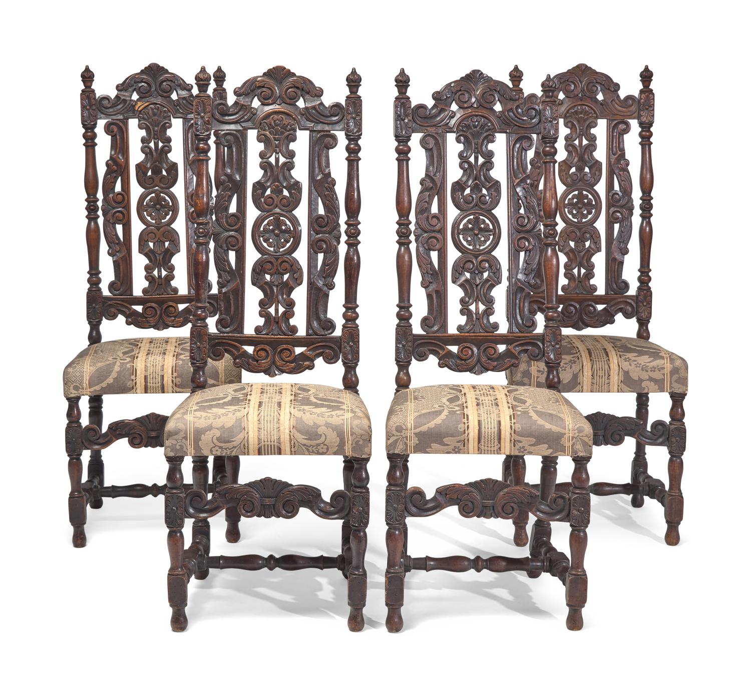 A Set of Four William & Mary Carved Walnut or Beech Side Chairs