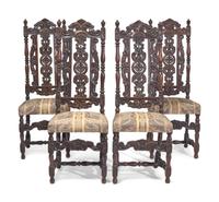 A Set of Four William & Mary Carved Walnut or Beech Side Chairs