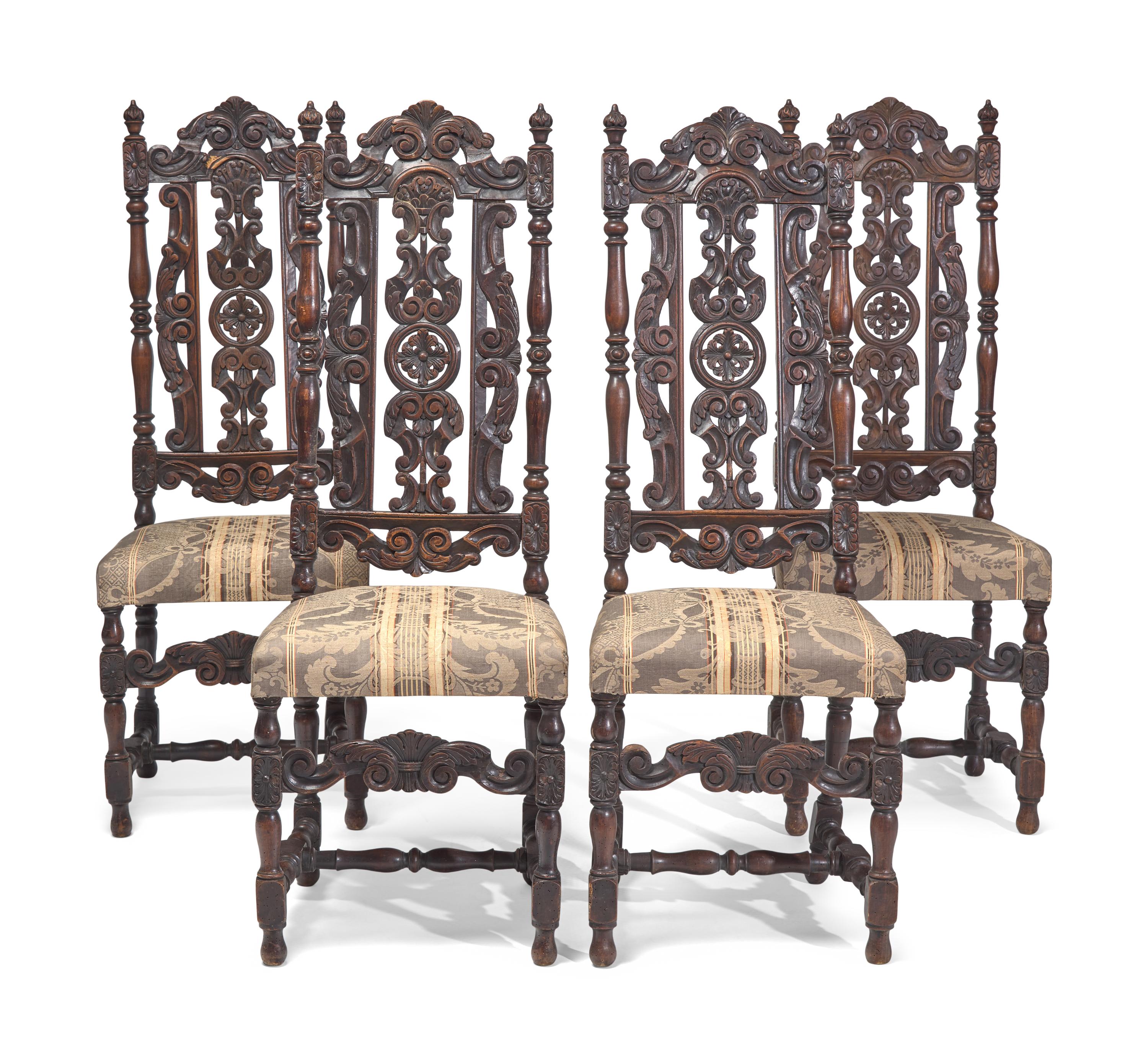 A Set of Four William & Mary Carved Walnut or Beech Side Chairs