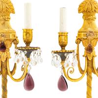 A Pair of French Gilt Bronze and Glass Two Light Sconces