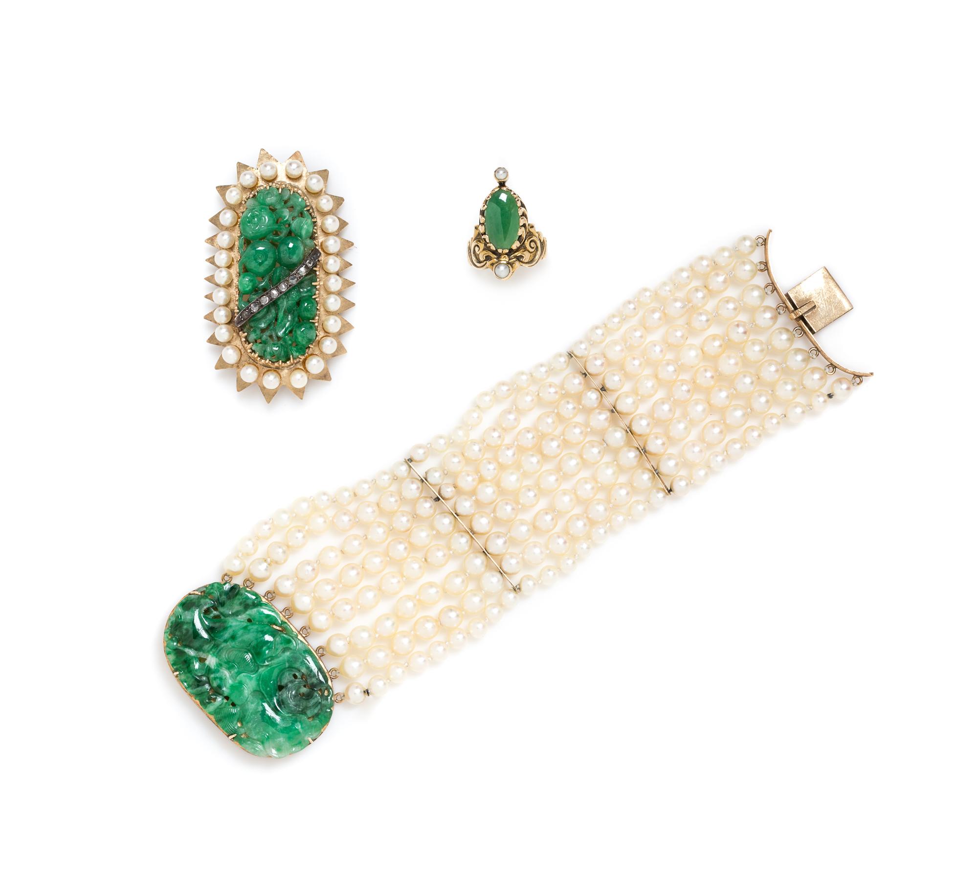 A Collection of Yellow Gold, Jade and Cultured Pearl Jewelry, 73.60 dwts.