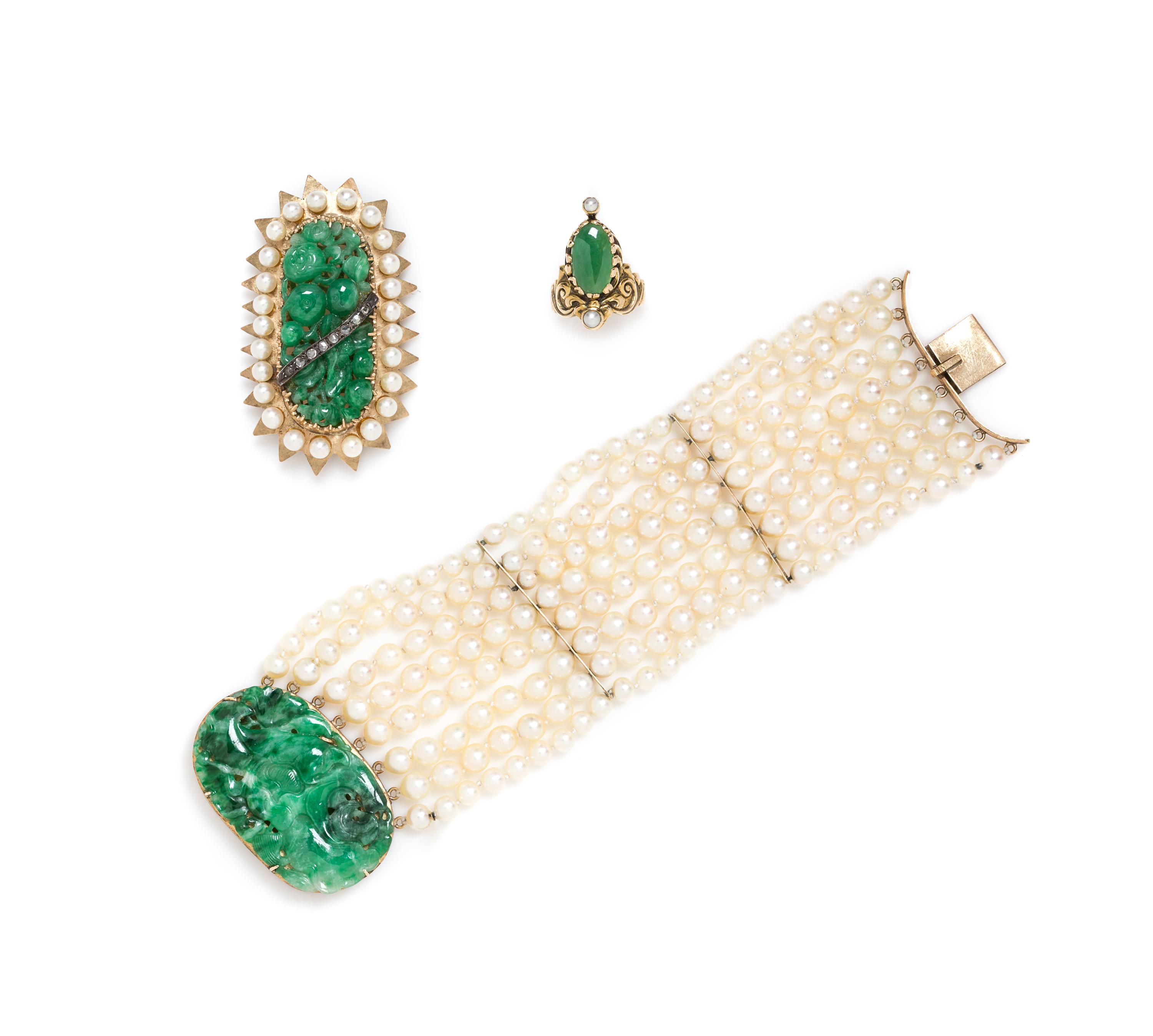 A Collection of Yellow Gold, Jade and Cultured Pearl Jewelry, 73.60 dwts.