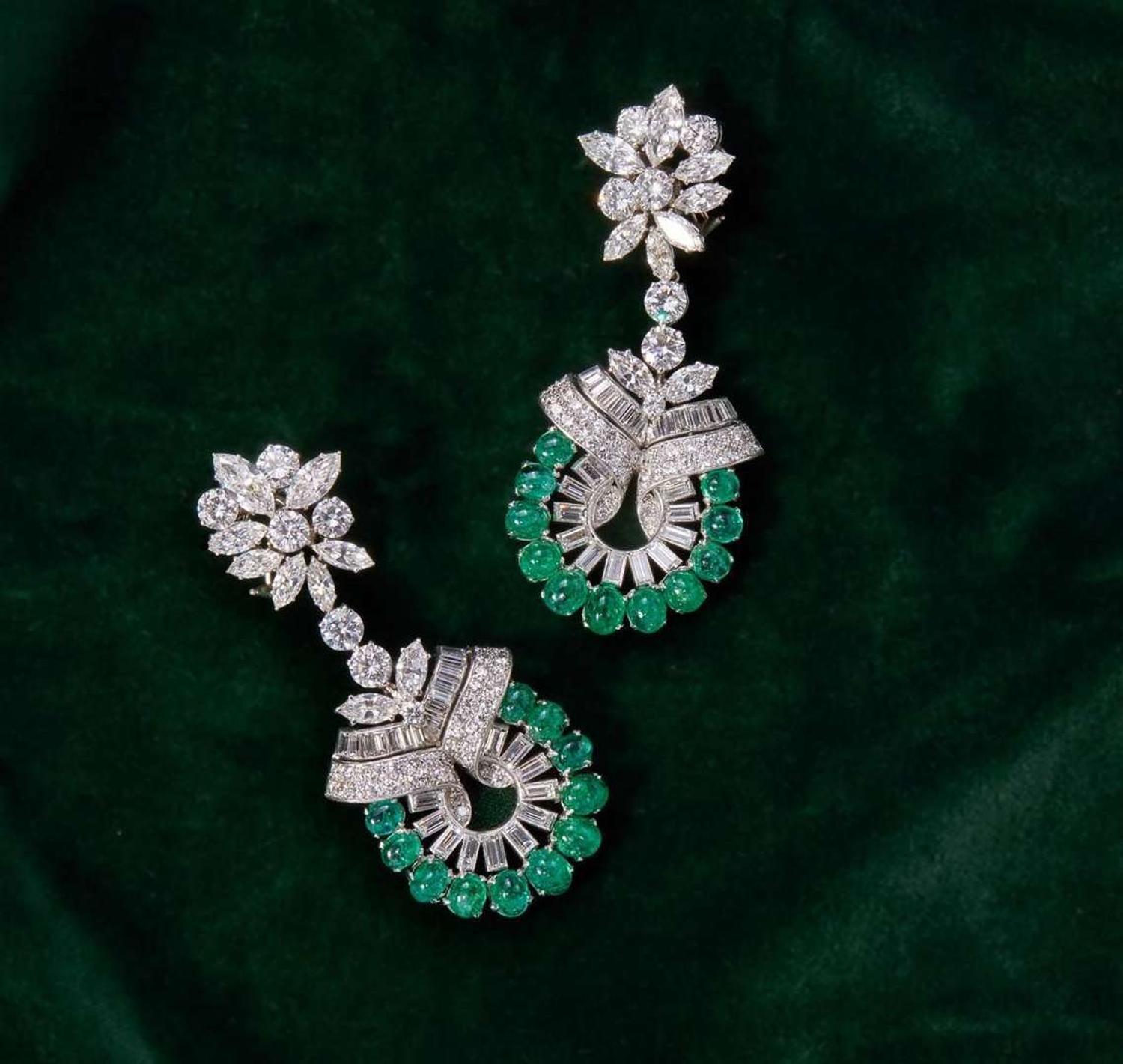 A Pair of 14K White Gold, Emerald, and Diamond Earrings