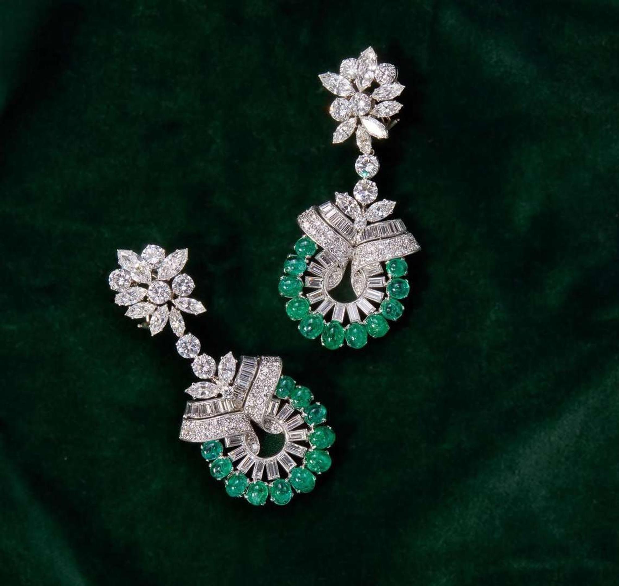 A Pair of 14K White Gold, Emerald, and Diamond Earrings