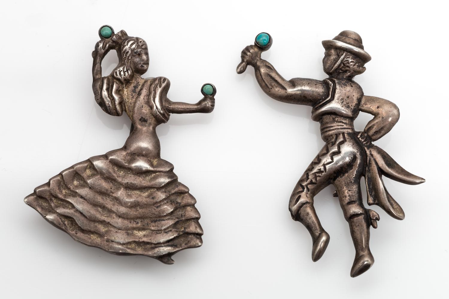 A Pair of Silver and Turquoise Spanish Dancer Brooches, Mexico, Circa 1930-40's, 27.00 dwts.