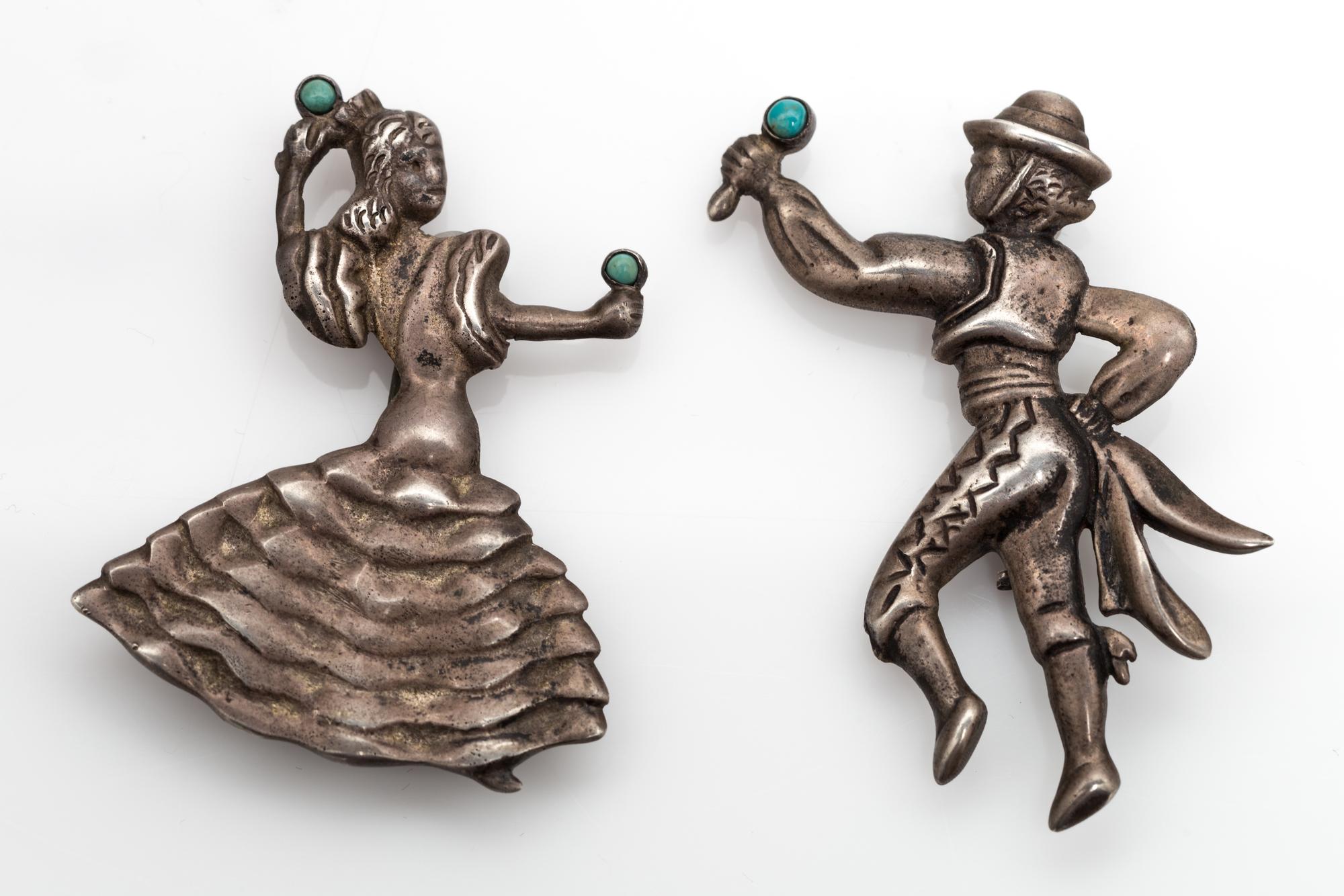 A Pair of Silver and Turquoise Spanish Dancer Brooches, Mexico, Circa 1930-40's, 27.00 dwts.