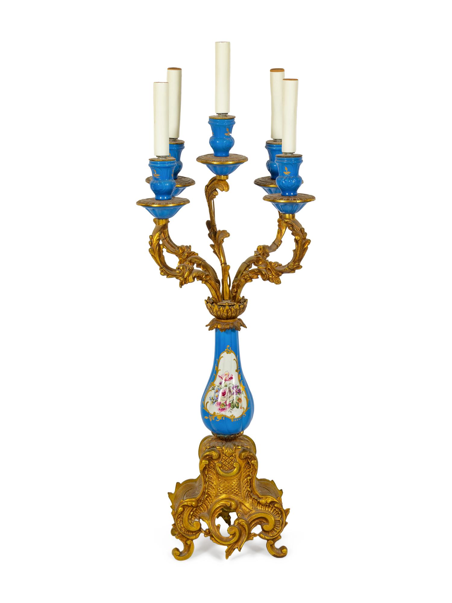 A Sevres Style Gilt Metal Mounted Five-Light Candelabrum