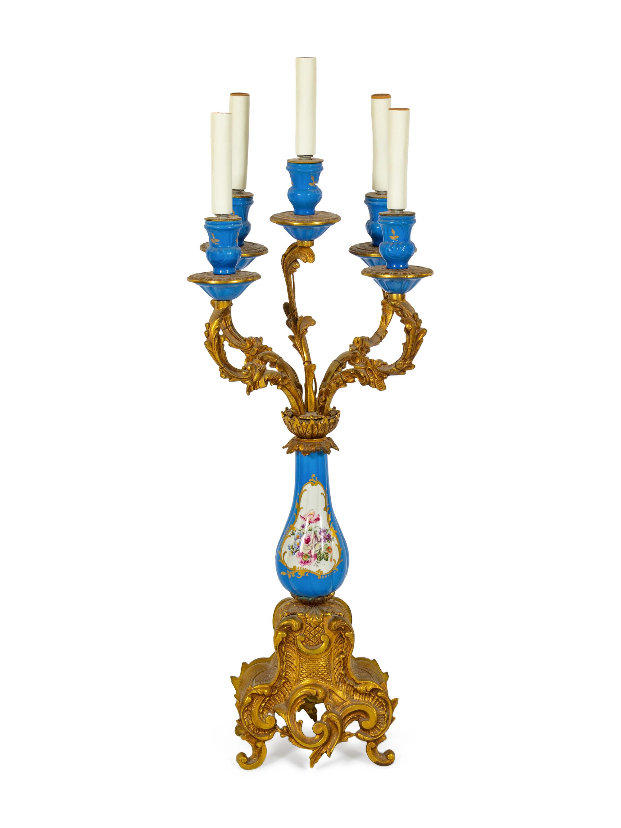 A Sevres Style Gilt Metal Mounted Five-Light Candelabrum
