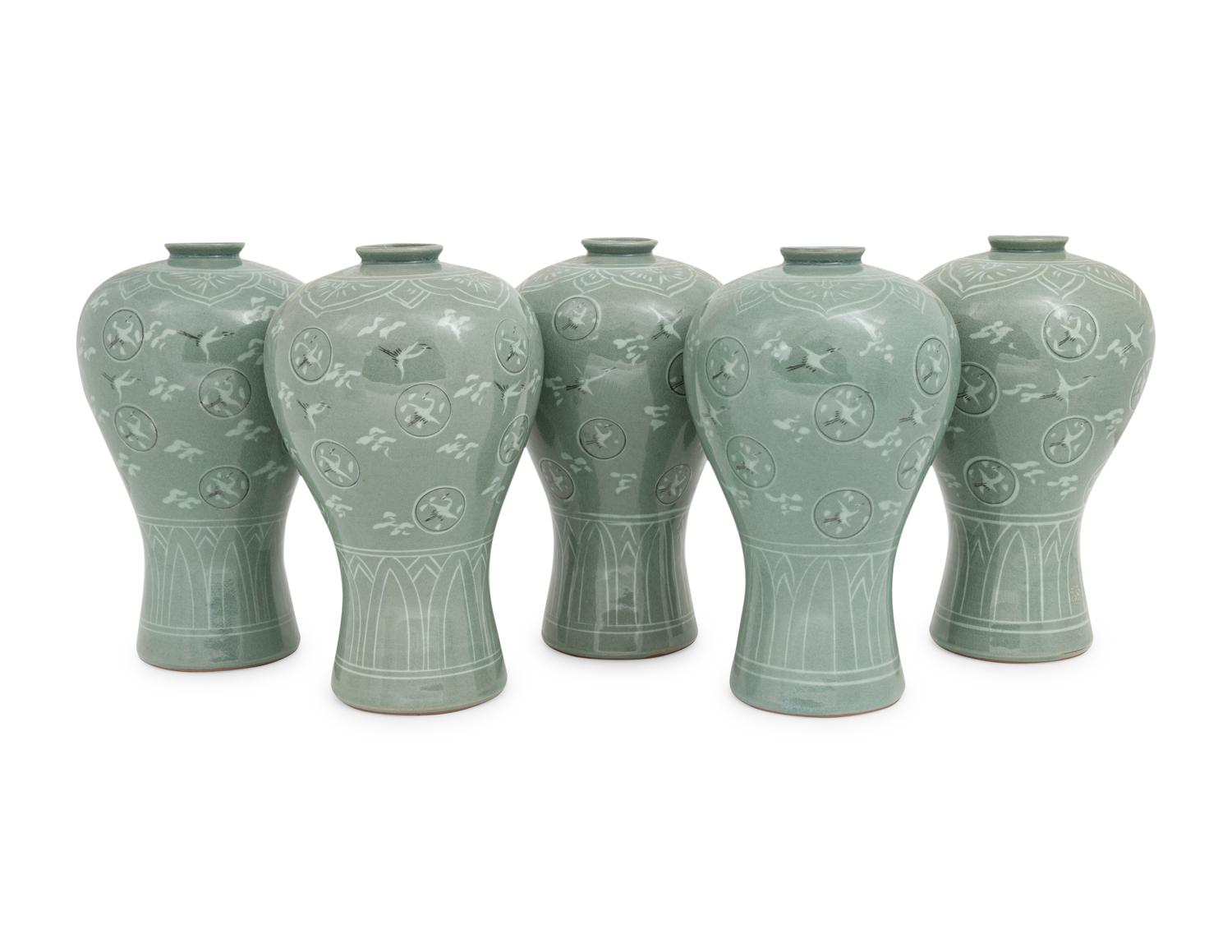 Five Korean Celadon Ground Porcelain 'Crane and Cloud' MaeByong Vases