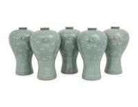 Five Korean Celadon Ground Porcelain 'Crane and Cloud' MaeByong Vases