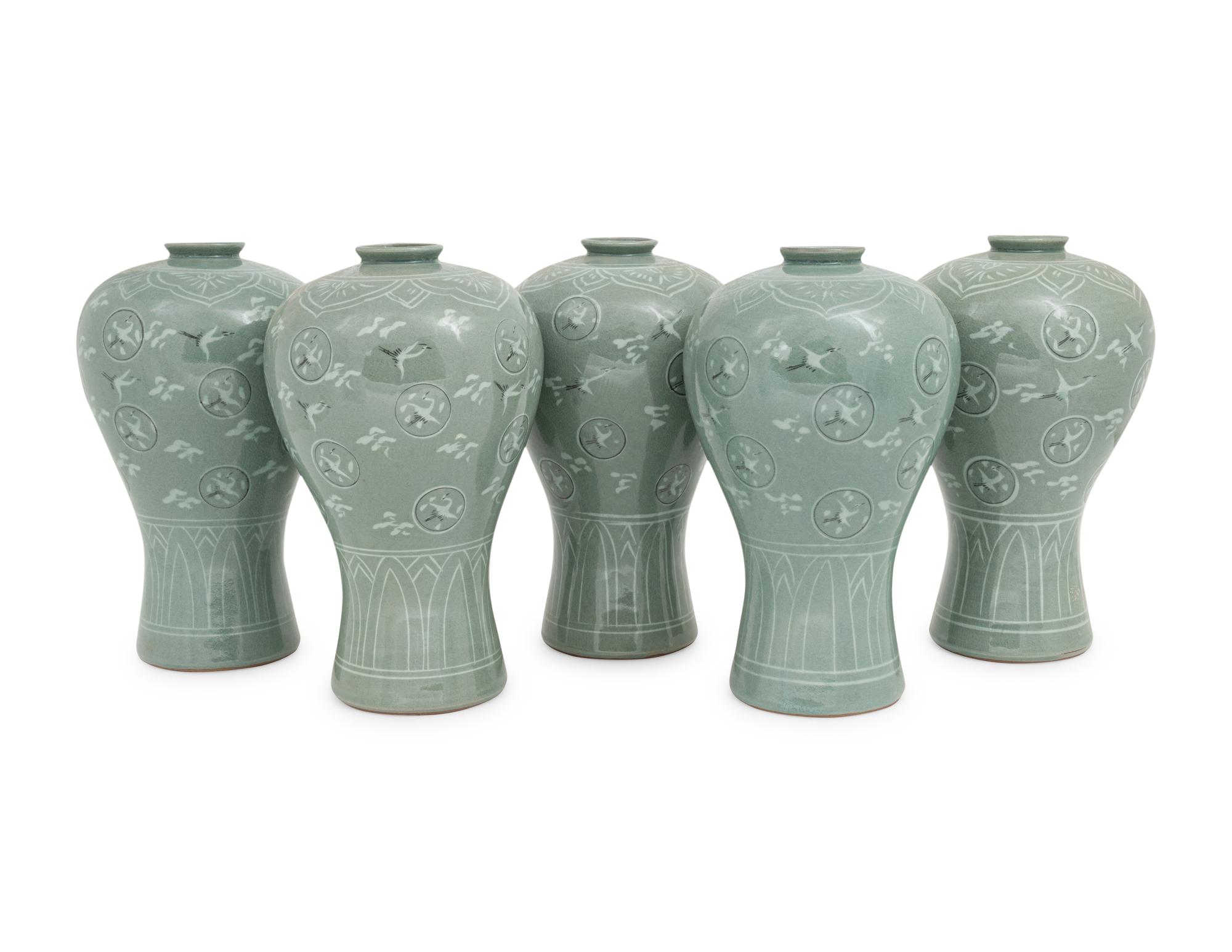 Five Korean Celadon Ground Porcelain 'Crane and Cloud' MaeByong Vases