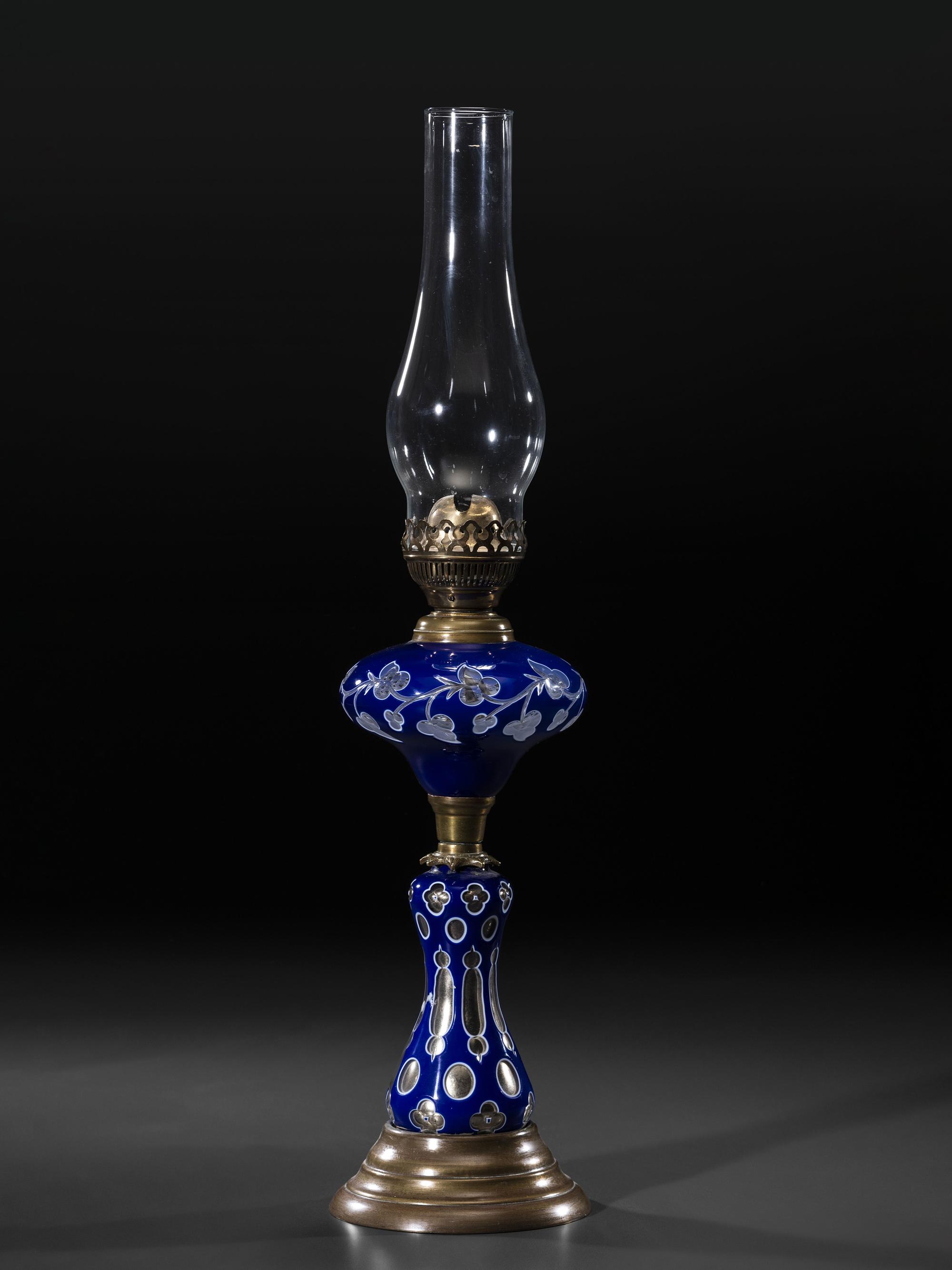 A Cobalt Cut to Clear Glass Oil Lamp