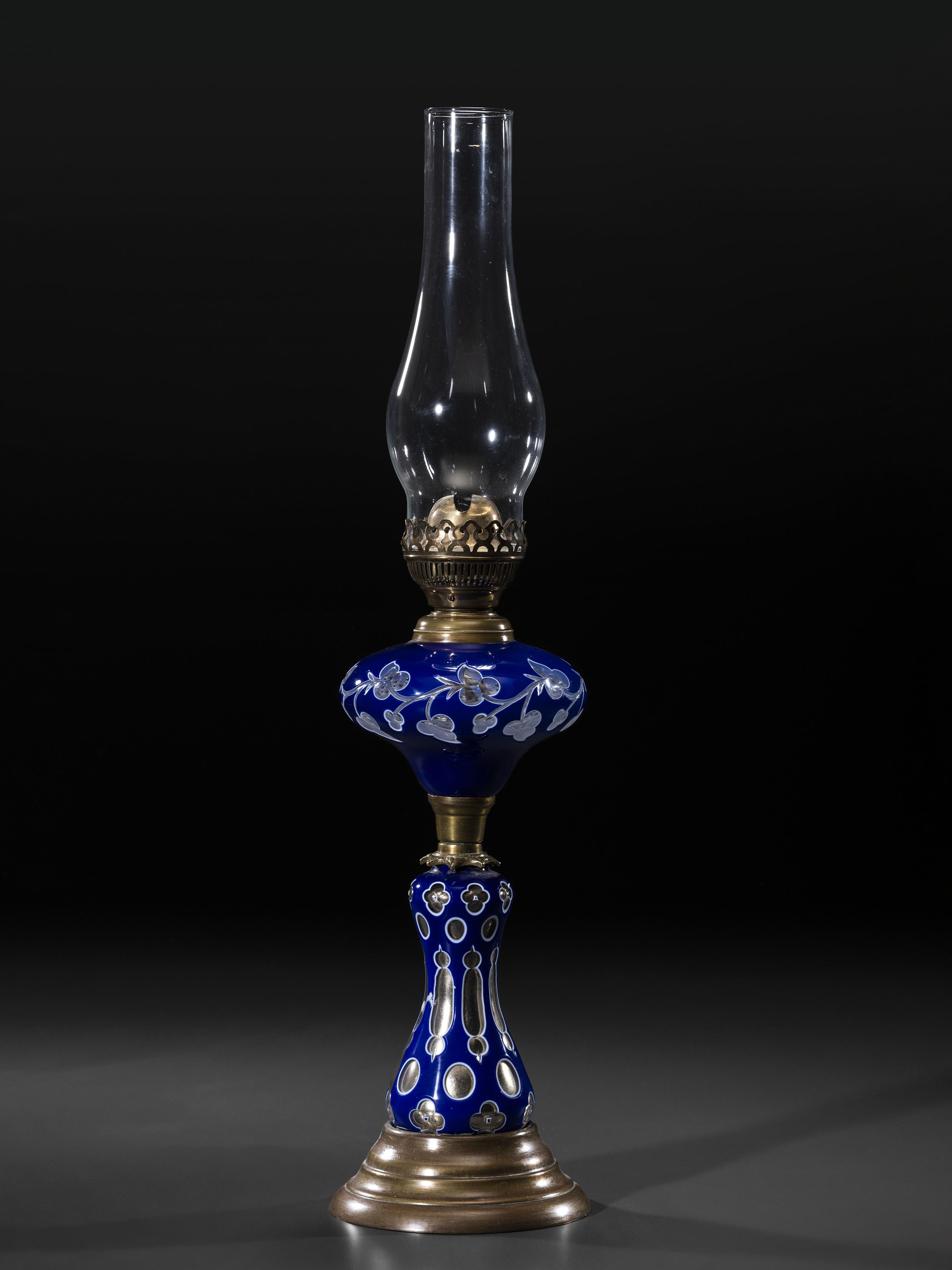 A Cobalt Cut to Clear Glass Oil Lamp