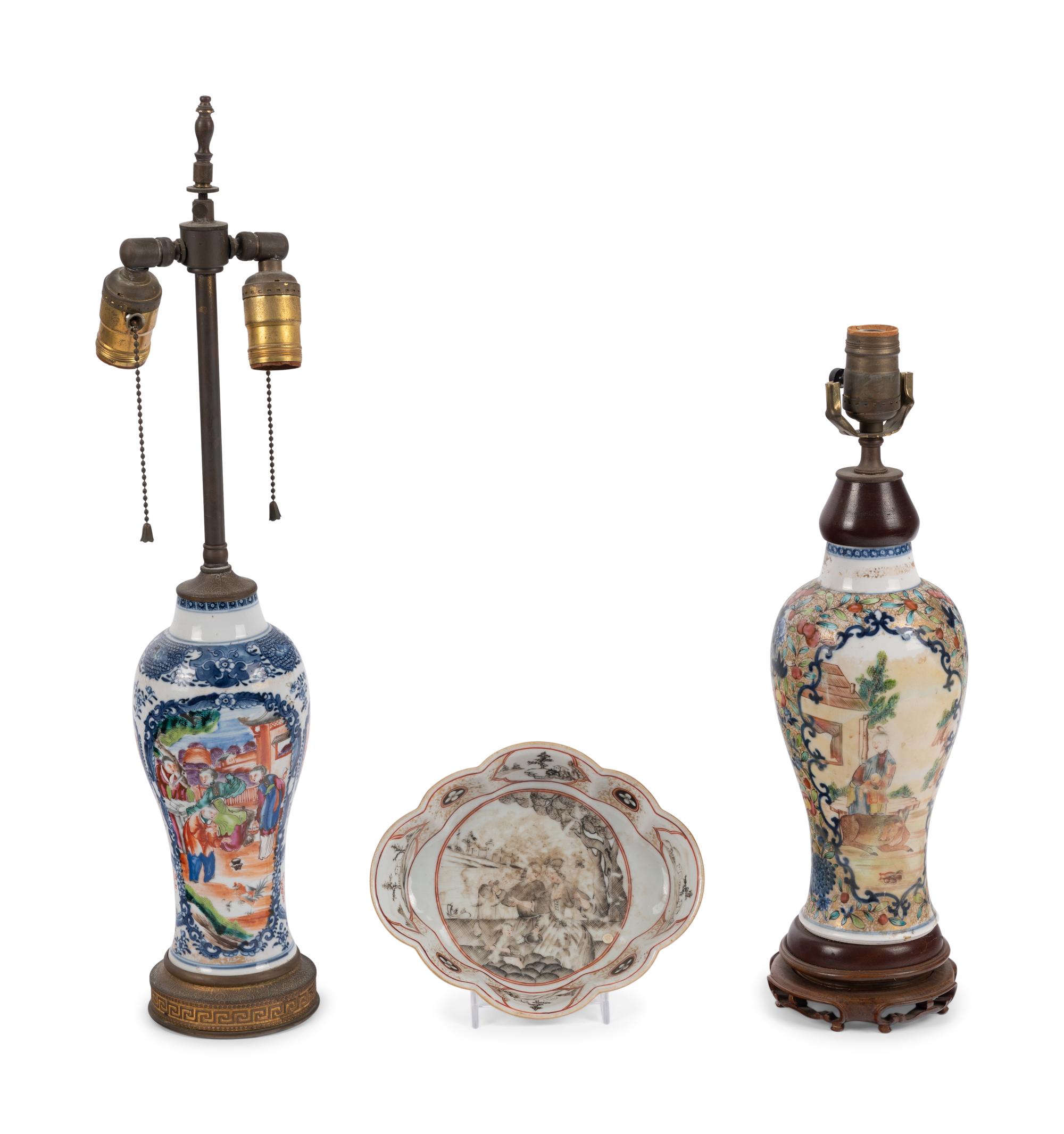 Two Chinese Export Porcelain Vases and a Porcelain Dish