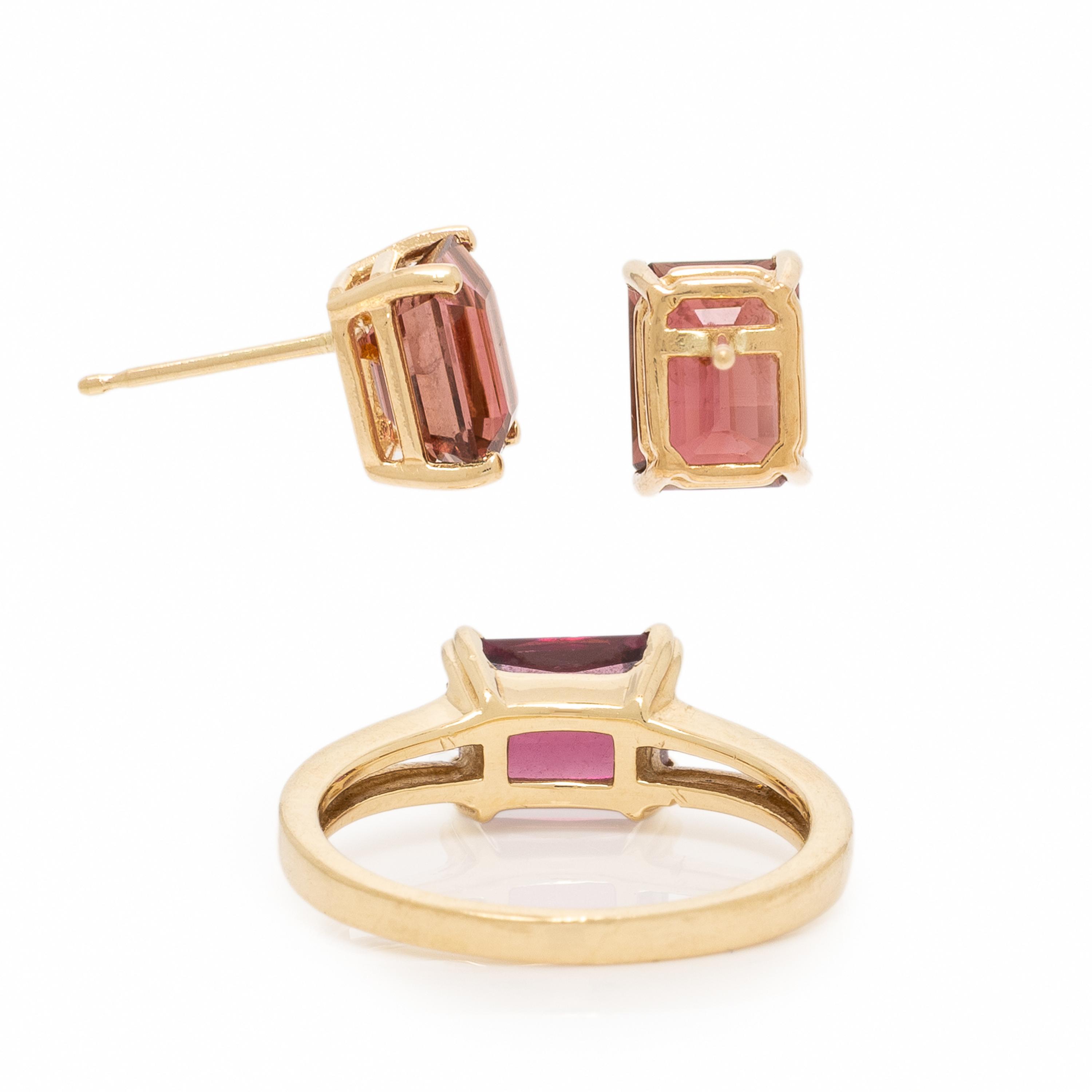 Pink Tourmaline and Yellow Gold Earrings and Garnet Ring