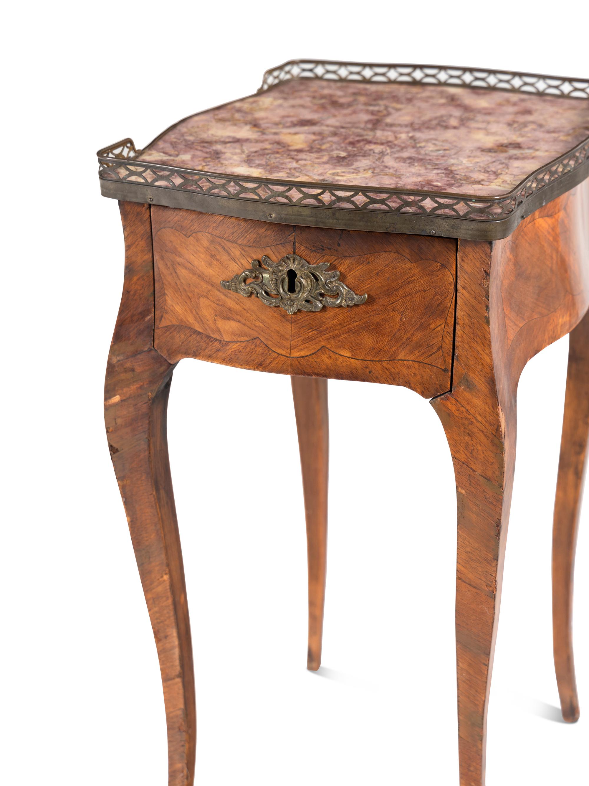 A Louis XV Kingwood and Tulipwood Parquetry Marble Inset Side Table
