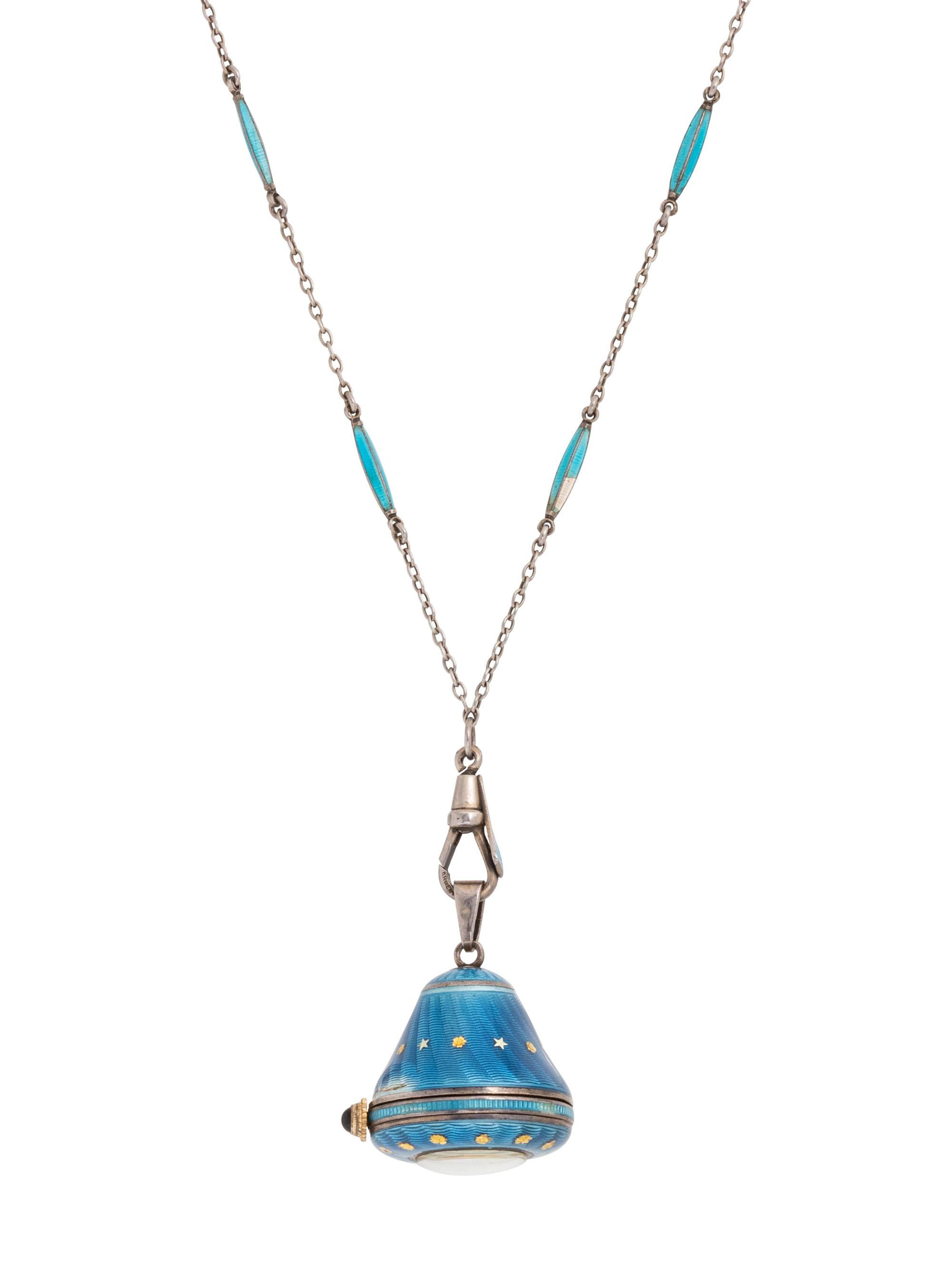 A Silver and Enamel Pendant Watch Necklace,