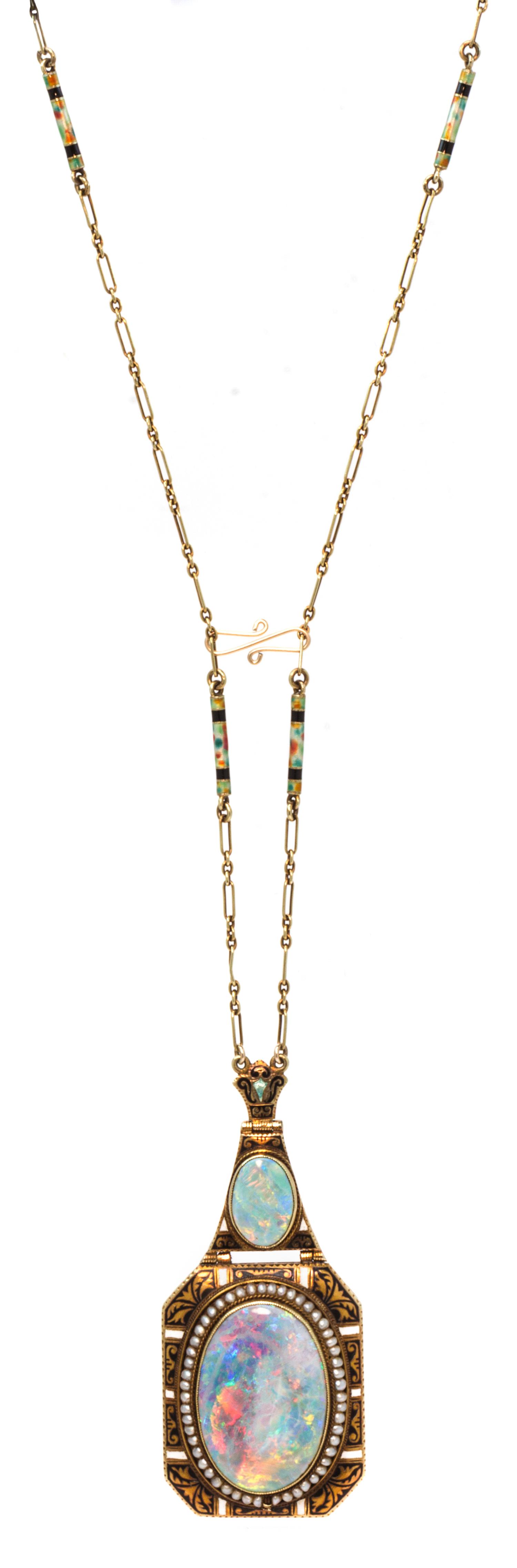 An Art Nouveau Yellow Gold, Opal, Seed Pearl, and Polychrome Enamel Necklace, 19.00 dwts.