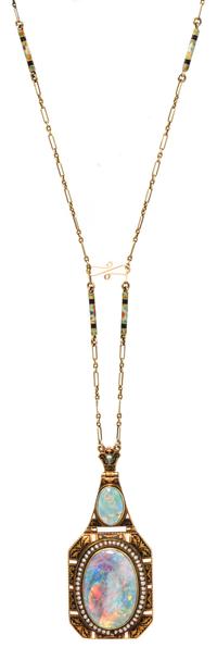An Art Nouveau Yellow Gold, Opal, Seed Pearl, and Polychrome Enamel Necklace, 19.00 dwts.
