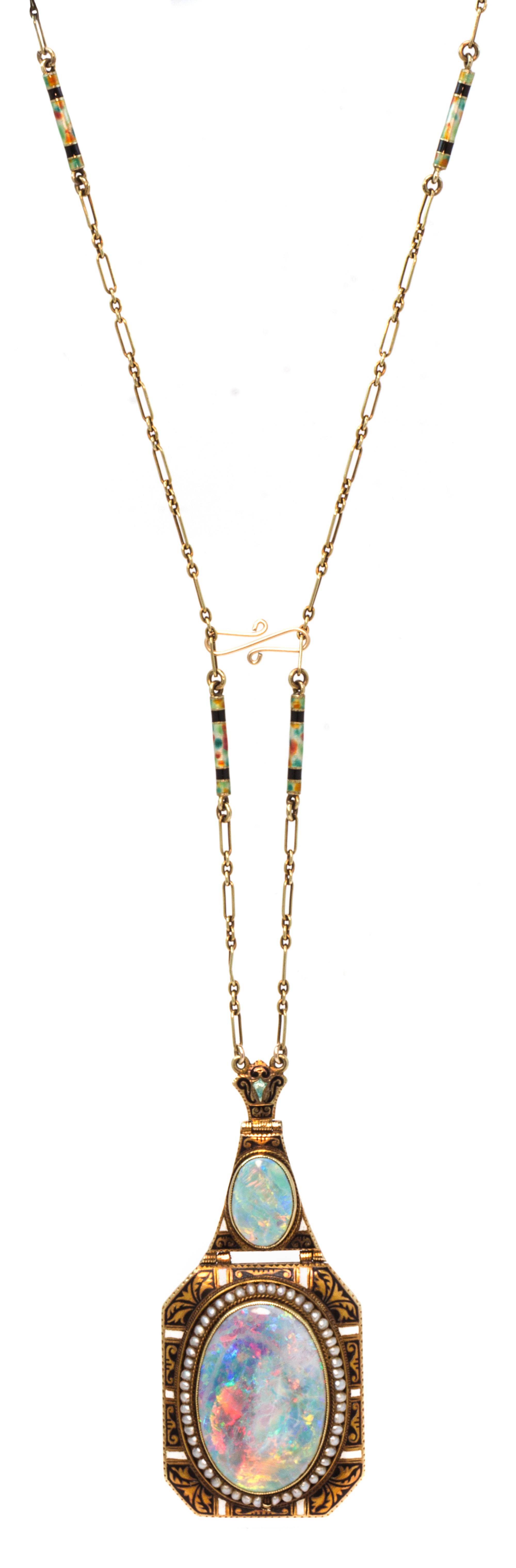 An Art Nouveau Yellow Gold, Opal, Seed Pearl, and Polychrome Enamel Necklace, 19.00 dwts.