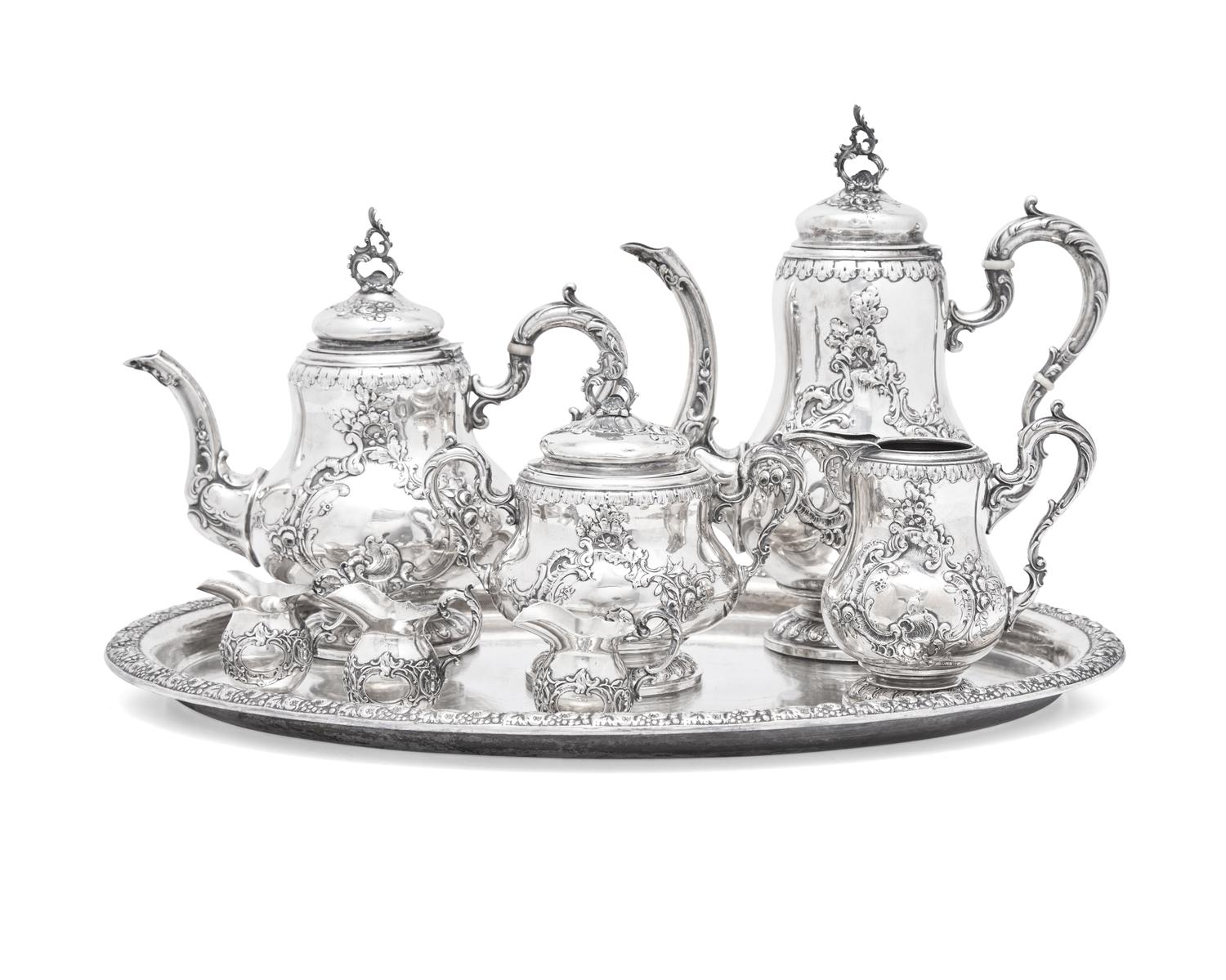 An Assembled German Rococo Style Silver Seven-Piece Tea and Coffee Service