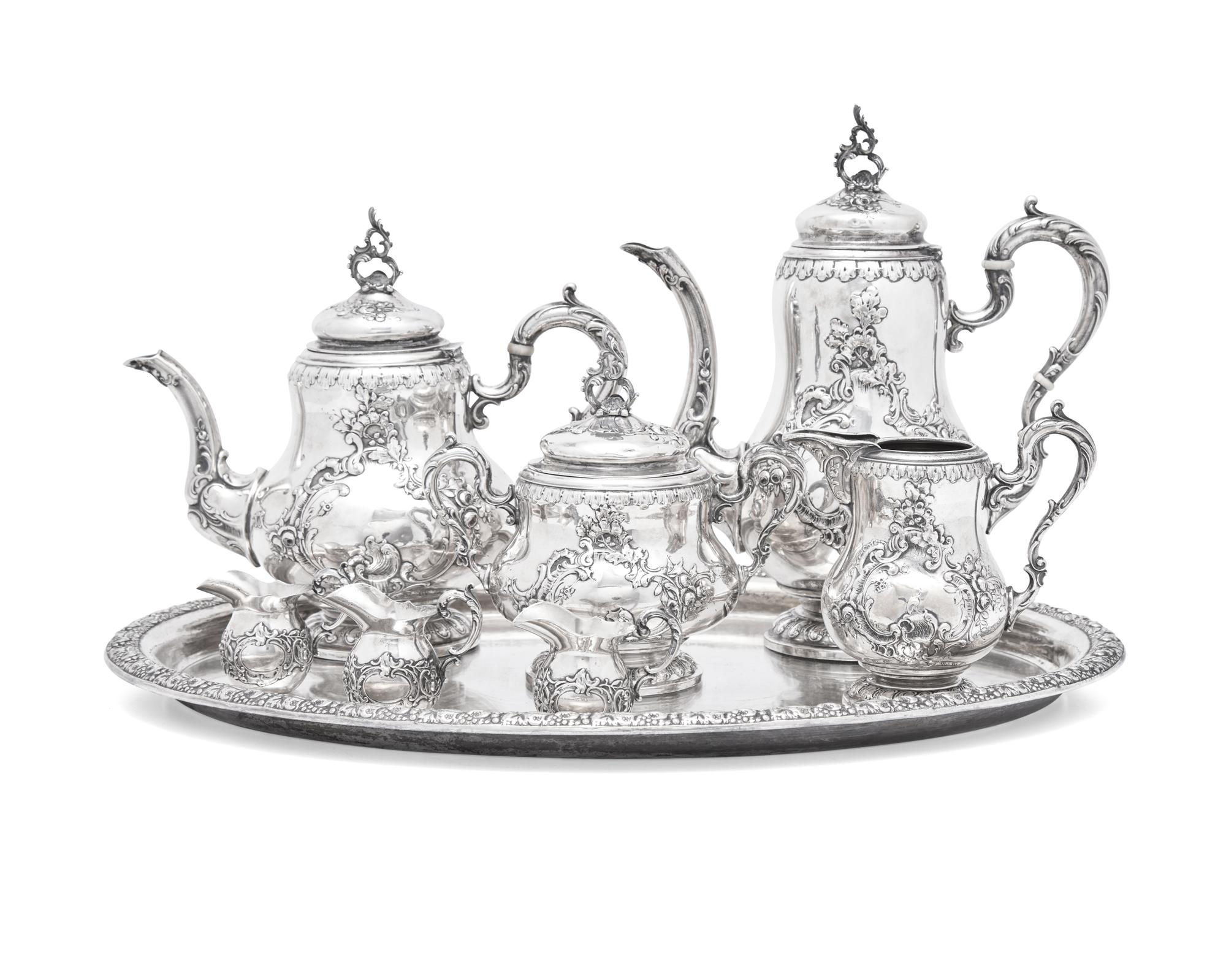 An Assembled German Rococo Style Silver Seven-Piece Tea and Coffee Service