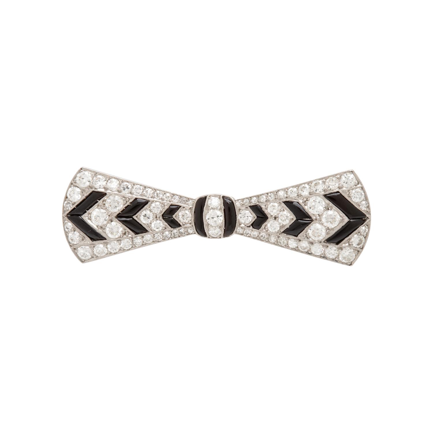 Tiffany & Co, Art Deco, Diamond, Onyx, and Platinum Bow Brooch