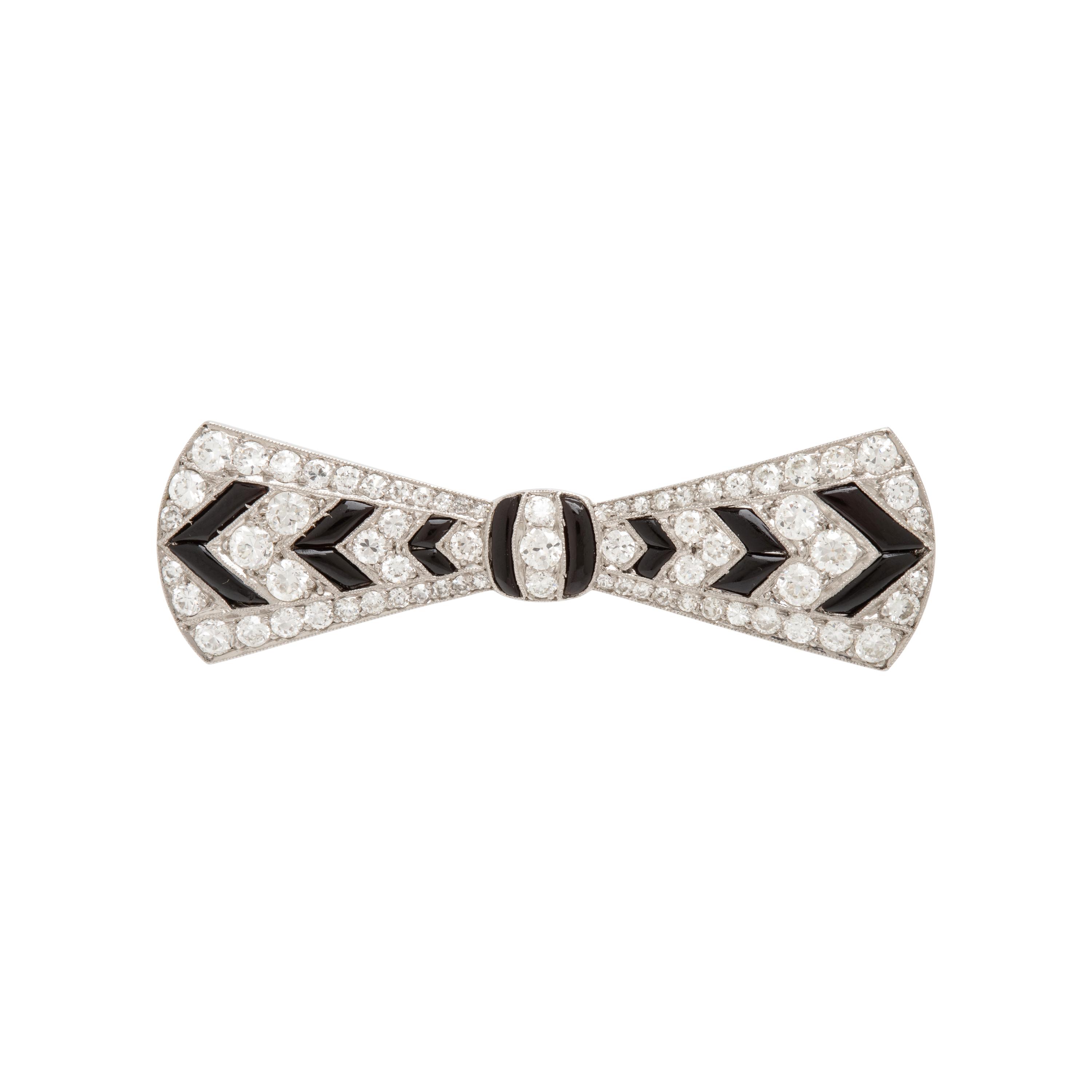 Tiffany & Co, Art Deco, Diamond, Onyx, and Platinum Bow Brooch