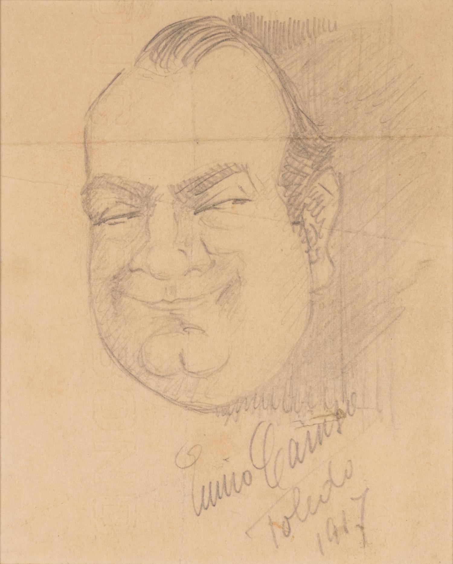 CARUSO, Enrico (1873-1921). Original drawing, self portrait caricature, in pencil, signed and dated lower right ("Enrico Caruso Toledo 1917").