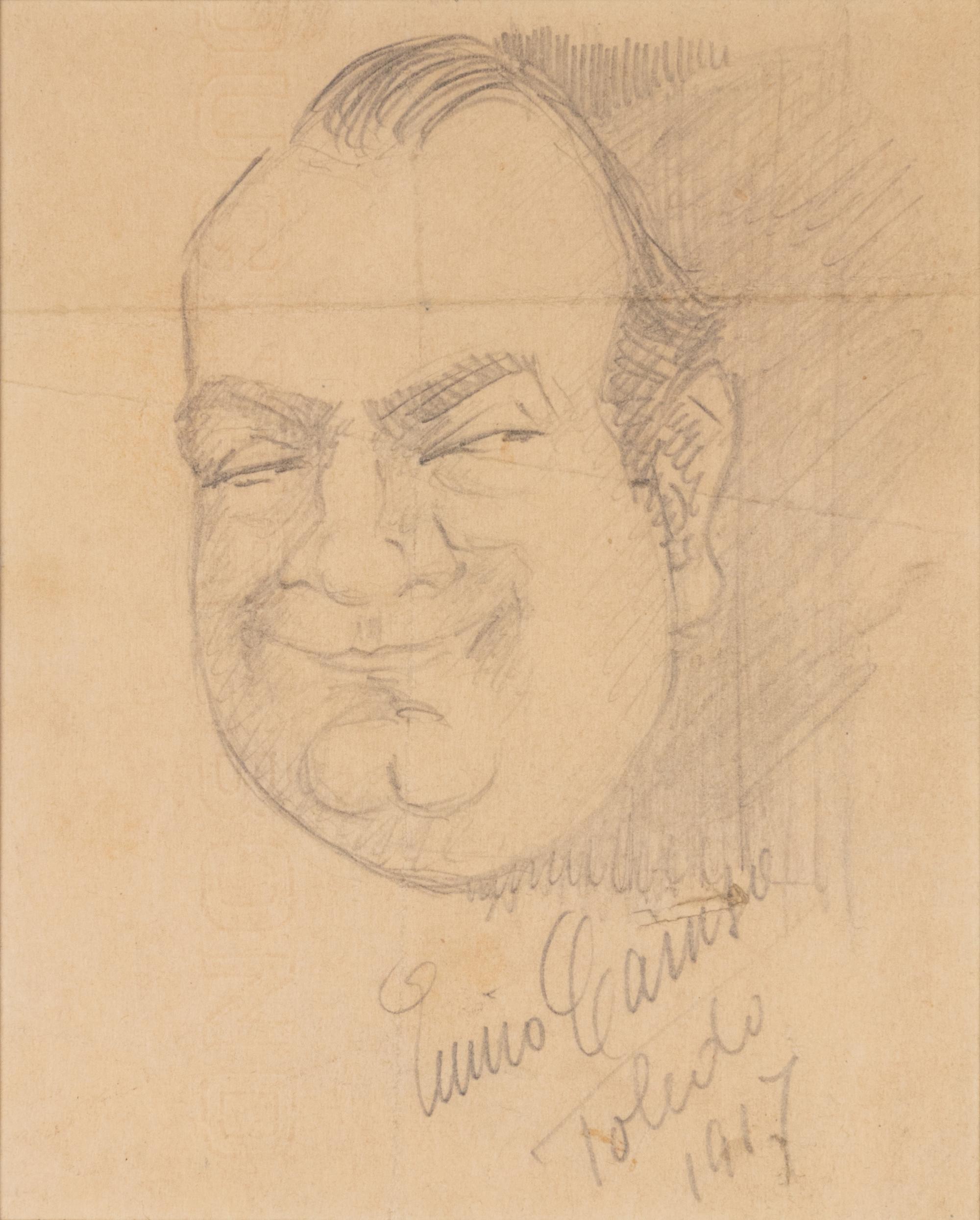 CARUSO, Enrico (1873-1921). Original drawing, self portrait caricature, in pencil, signed and dated lower right ("Enrico Caruso Toledo 1917").