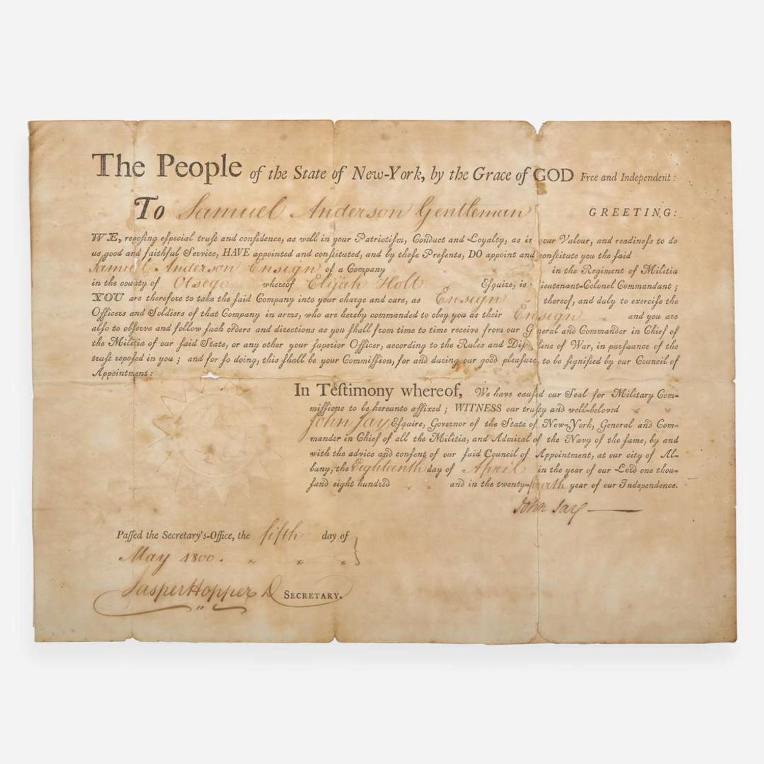 [Americana] Jay, John Partially-Printed Document, signed