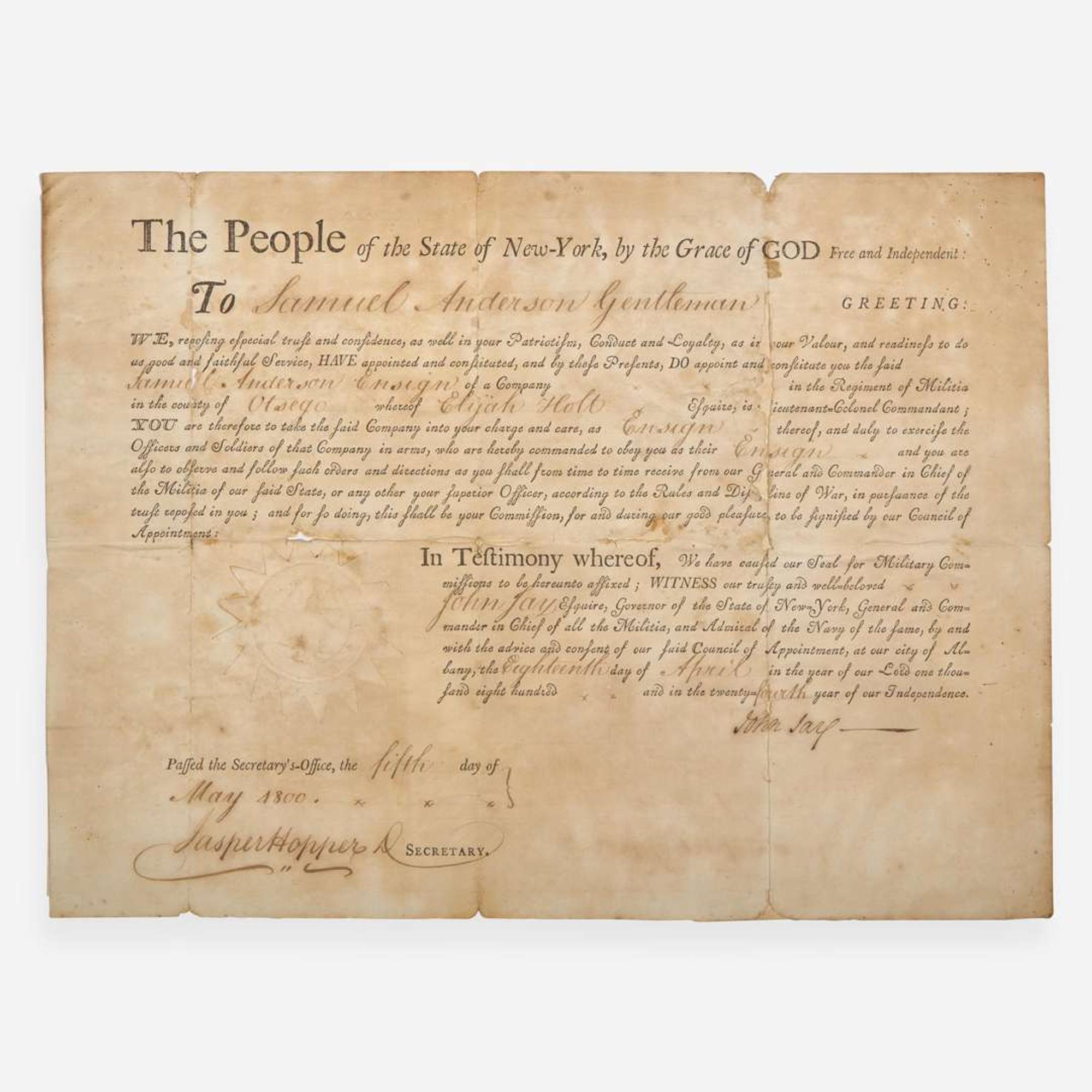 [Americana] Jay, John Partially-Printed Document, signed