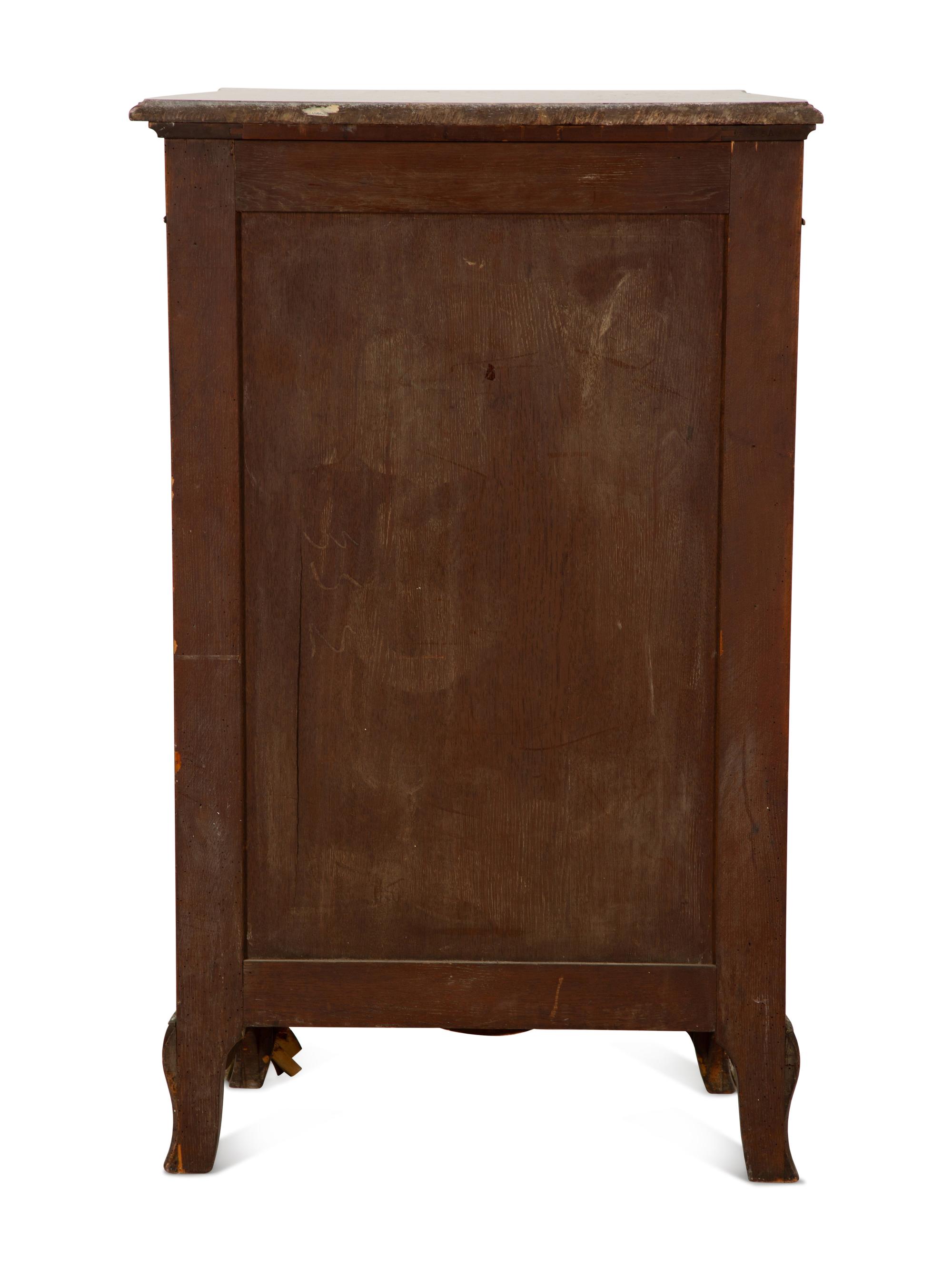 A Louis XV Style Gilt Bronze Mounted Parquetry and Vernis Martin Marble-Top Cabinet