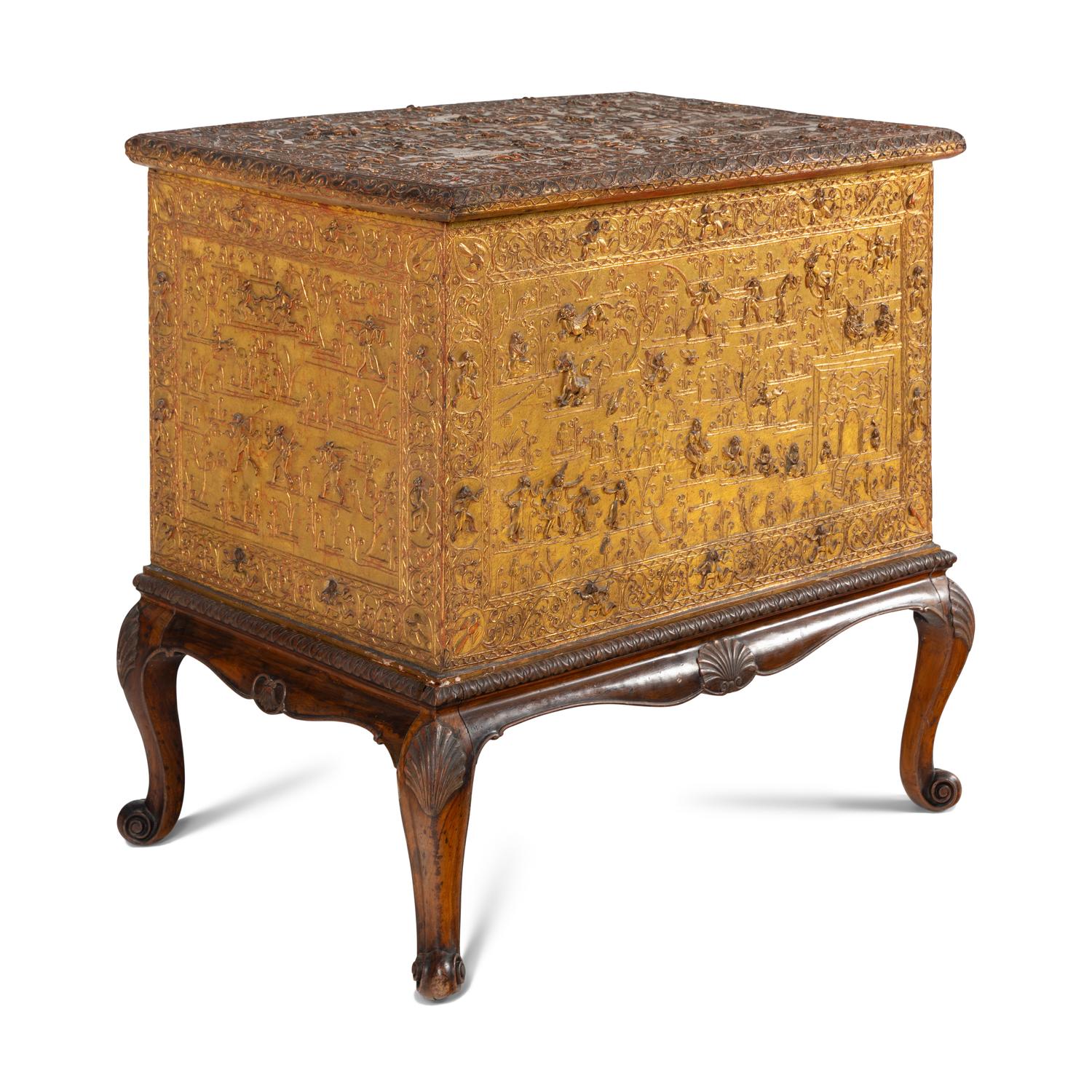 A Burmese Gilt Lacquer Manuscript Chest on an Associated Stand