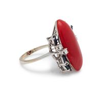 CORAL, SAPPHIRE AND DIAMOND RING
