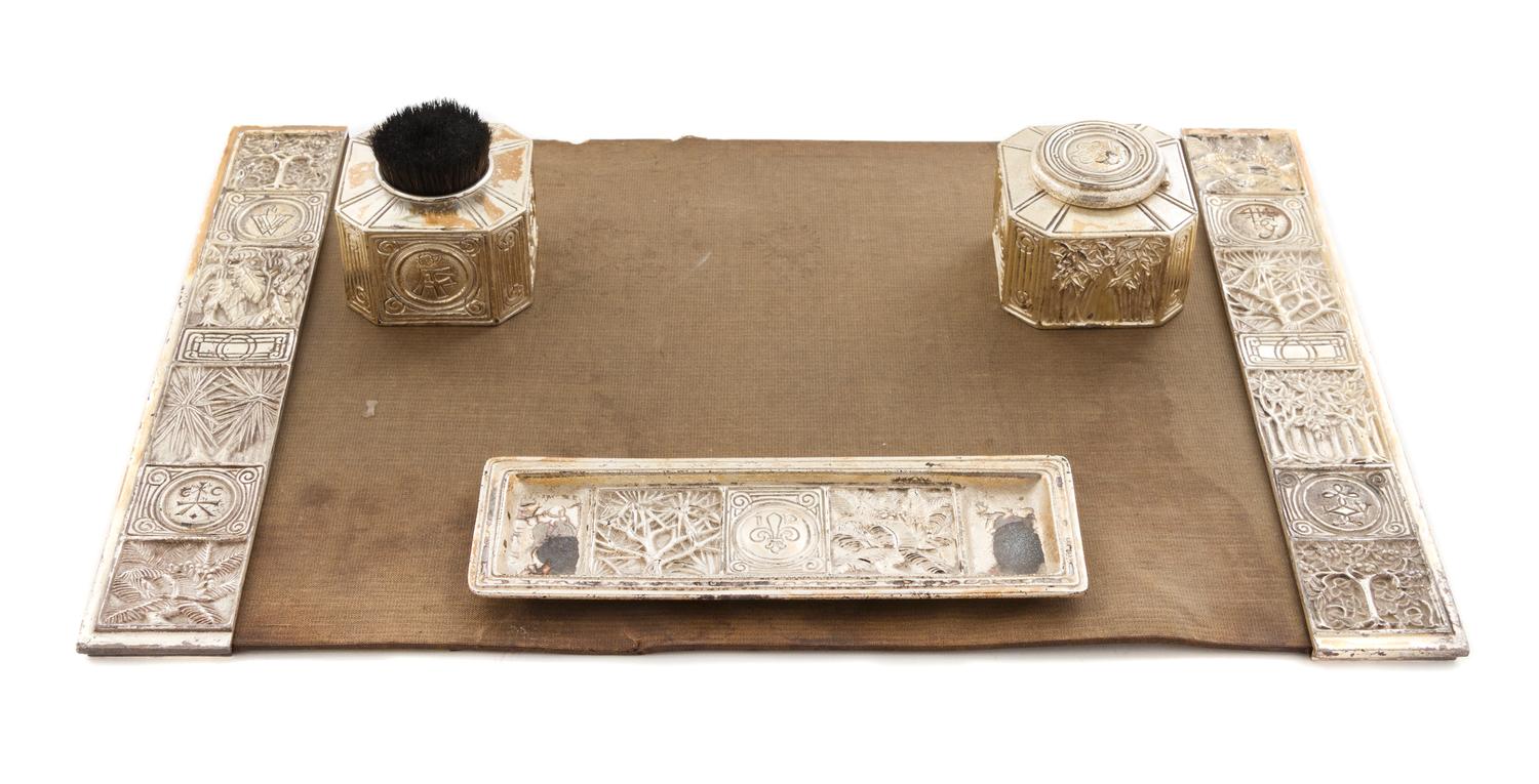 A Tiffany Studios Silvered Bronze Desk Set, Width of first 3 inches. — EARLY 20TH CENTURY