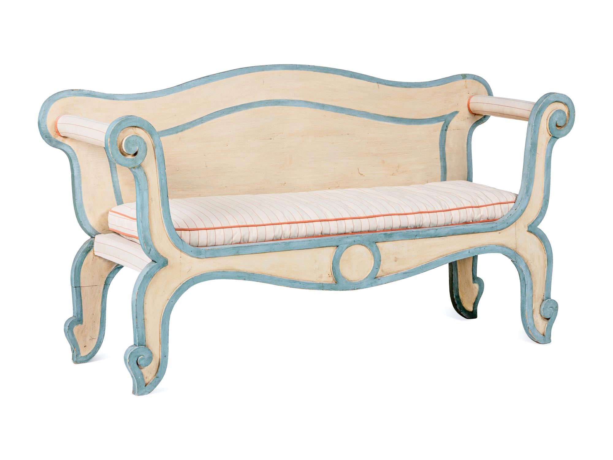 An Italian Cream and Blue-Painted Bench