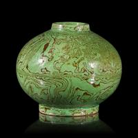 A Chinese Green Glazed Marbled Pottery Jar — 綠釉攪胎罐