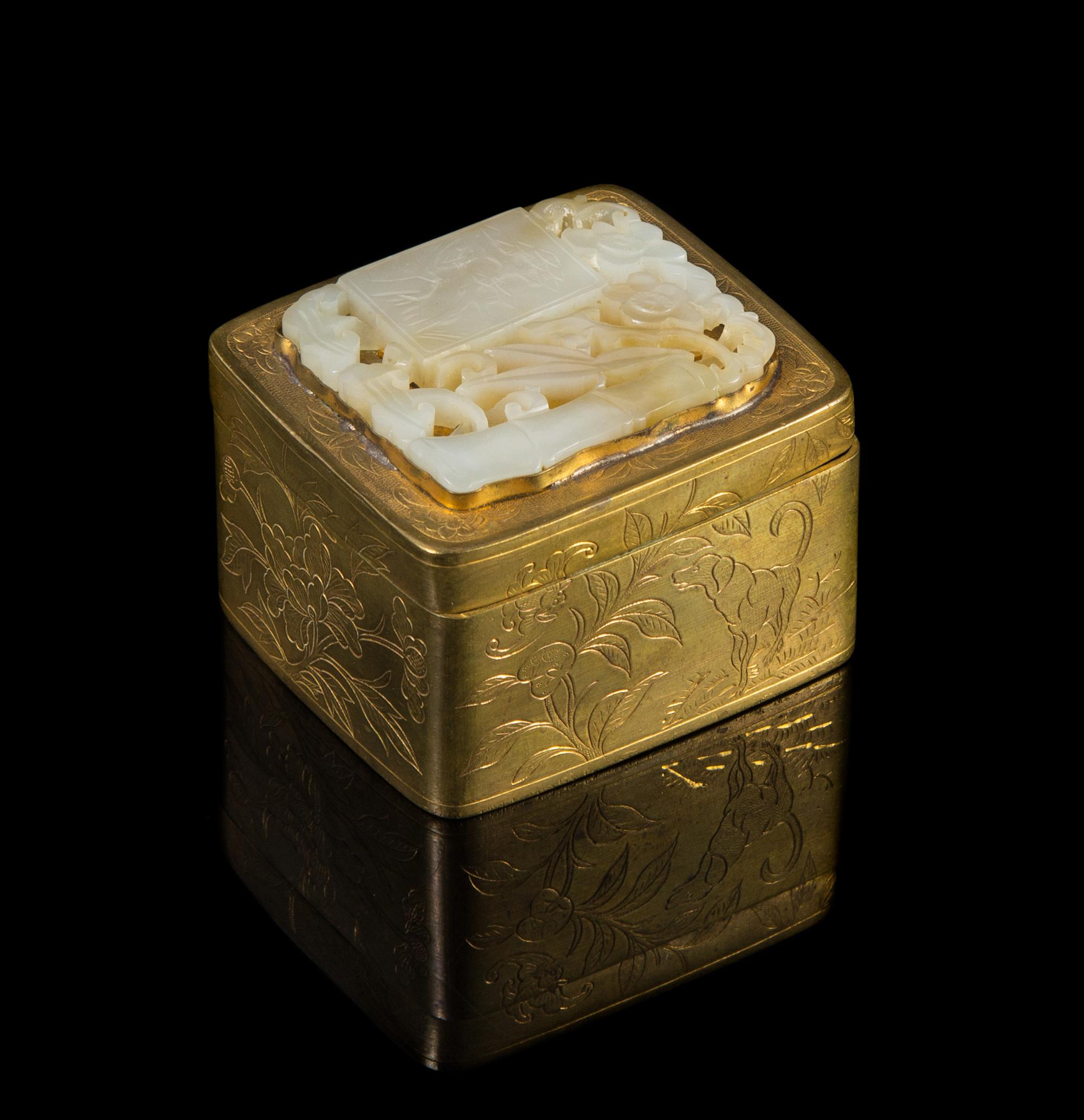 A Chinese Pierced Carved Jade Plaque Mounted on Gilt Box JADE 19TH CENTURY, BOX EARLY 20TH CENTURY — JADE 19TH CENTURY, BOX EARLY 20TH CENTURY