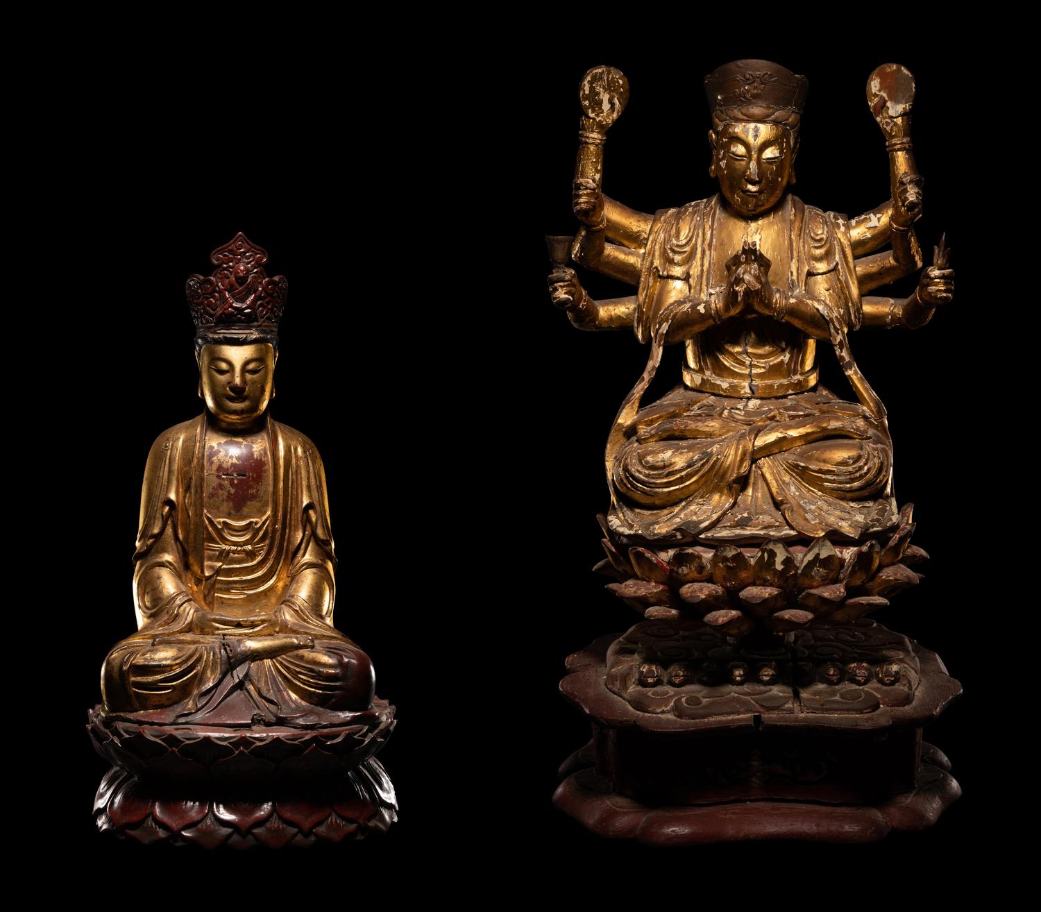 Two Vietnamese Gilt Lacquer Wood Buddhist Figures
