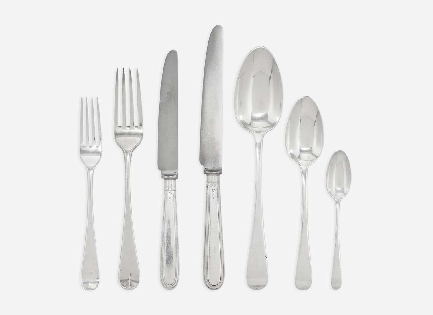 An assembled George III and Elizabeth II sterling silver flatware service, William Eley I, William Fearn, and William Chawner II, London, 1808, and maker "AHN," Sheffield, 1970
