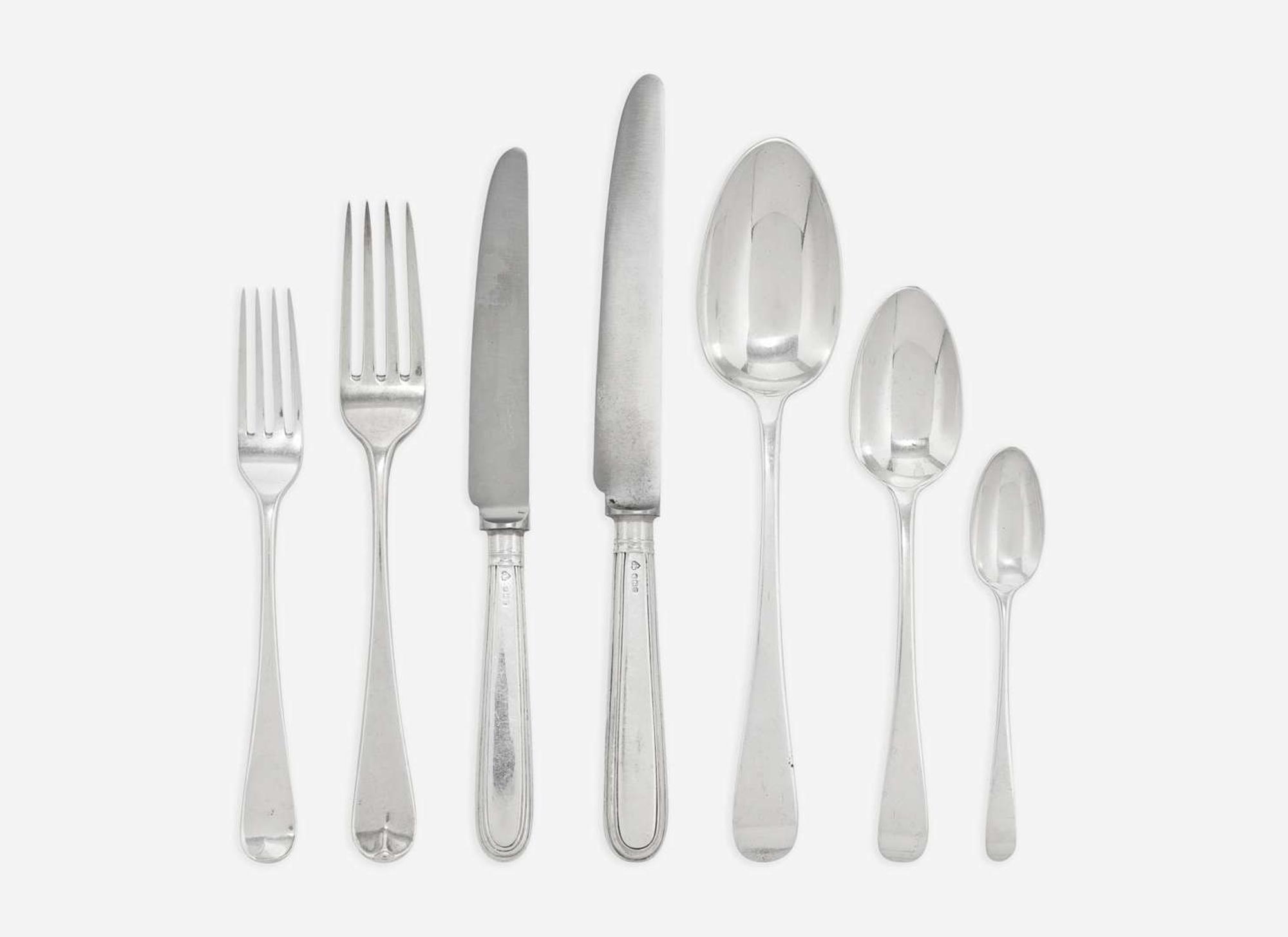 An assembled George III and Elizabeth II sterling silver flatware service, William Eley I, William Fearn, and William Chawner II, London, 1808, and maker "AHN," Sheffield, 1970
