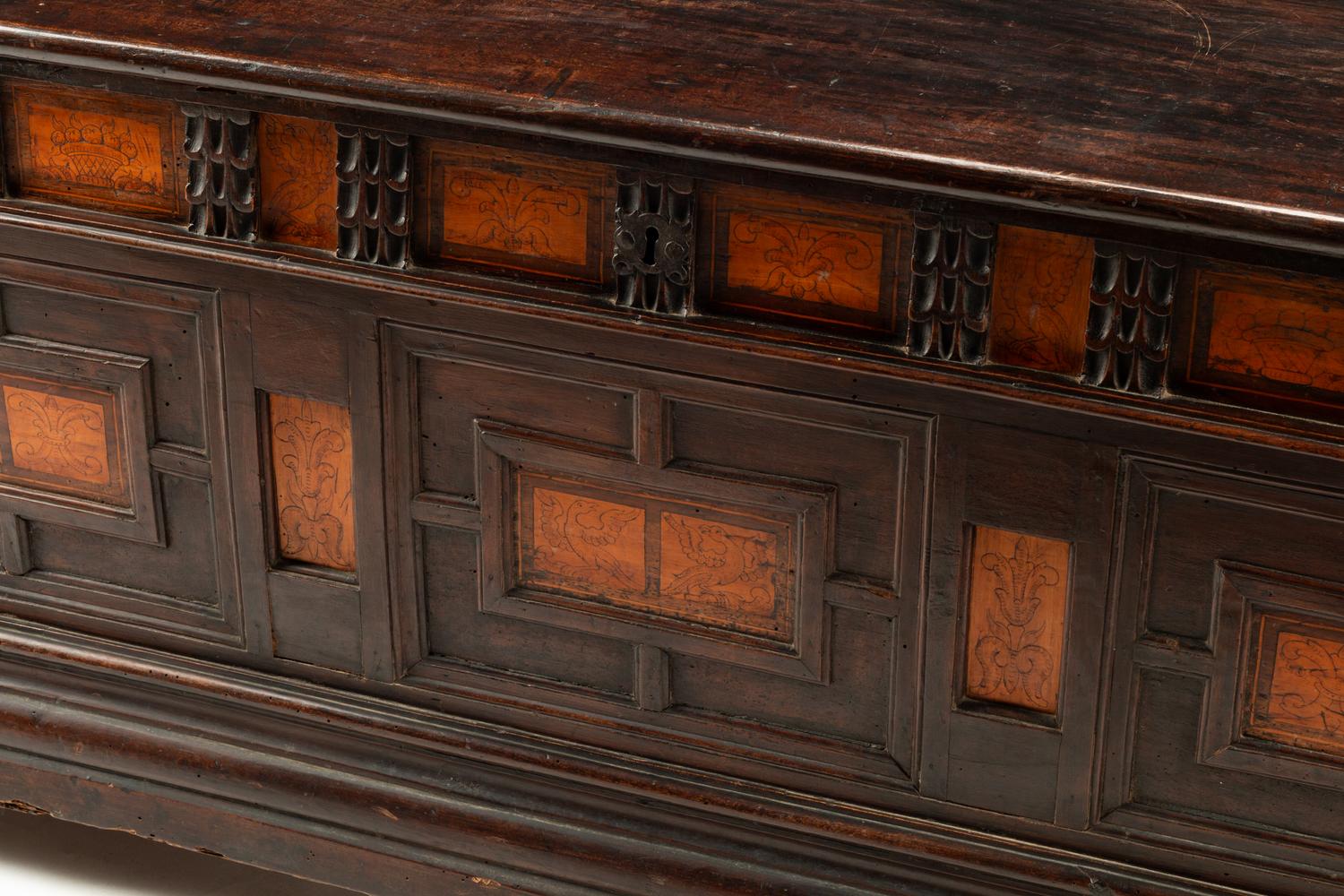 A Continental Walnut and Penwork Coffer