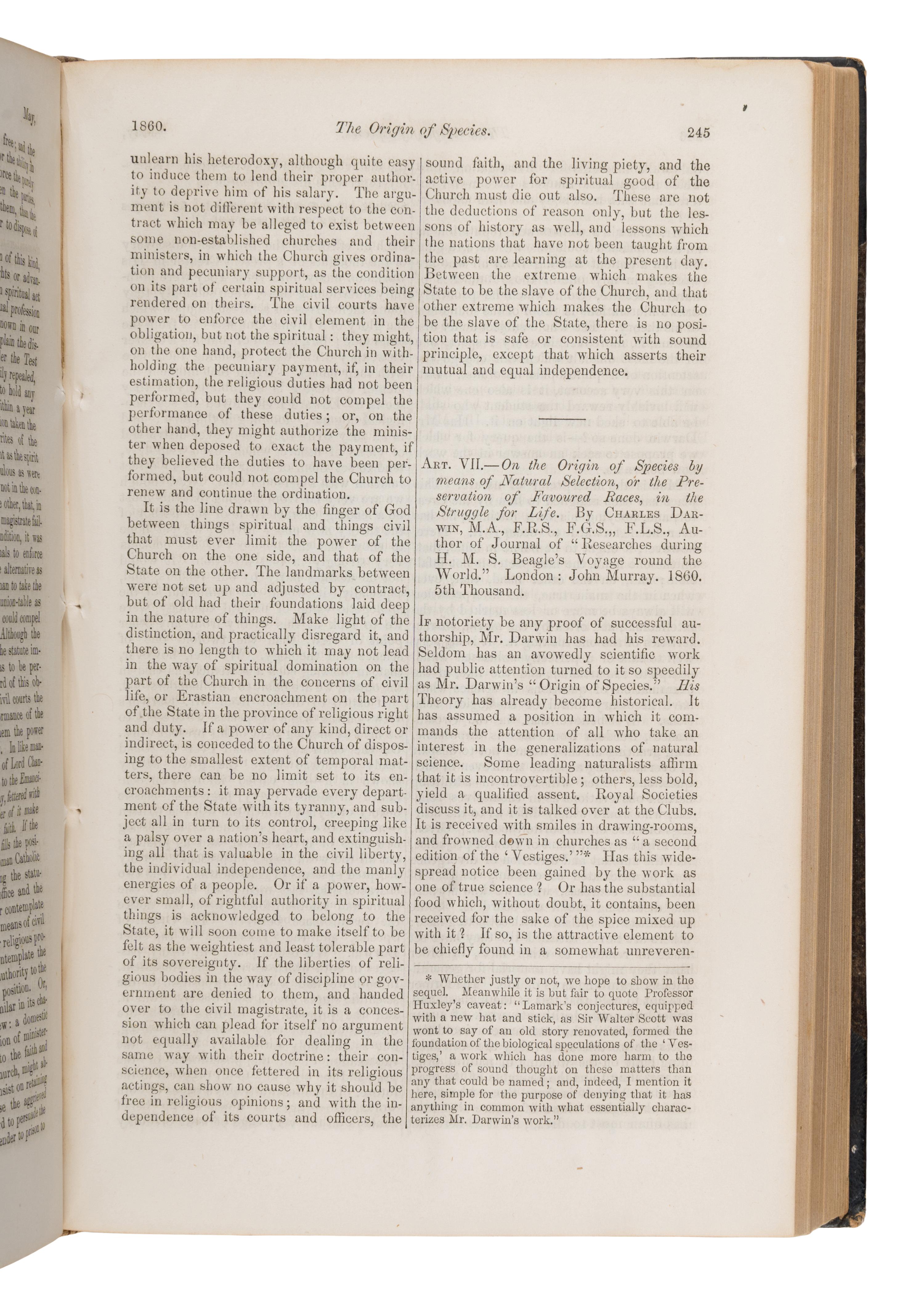 Darwin, Charles (1809-1882). On the Origin of Species by Means of Natural Selection, or the Preservation of Favoured Races in the Struggle for Life . London: John Murray, 1860.