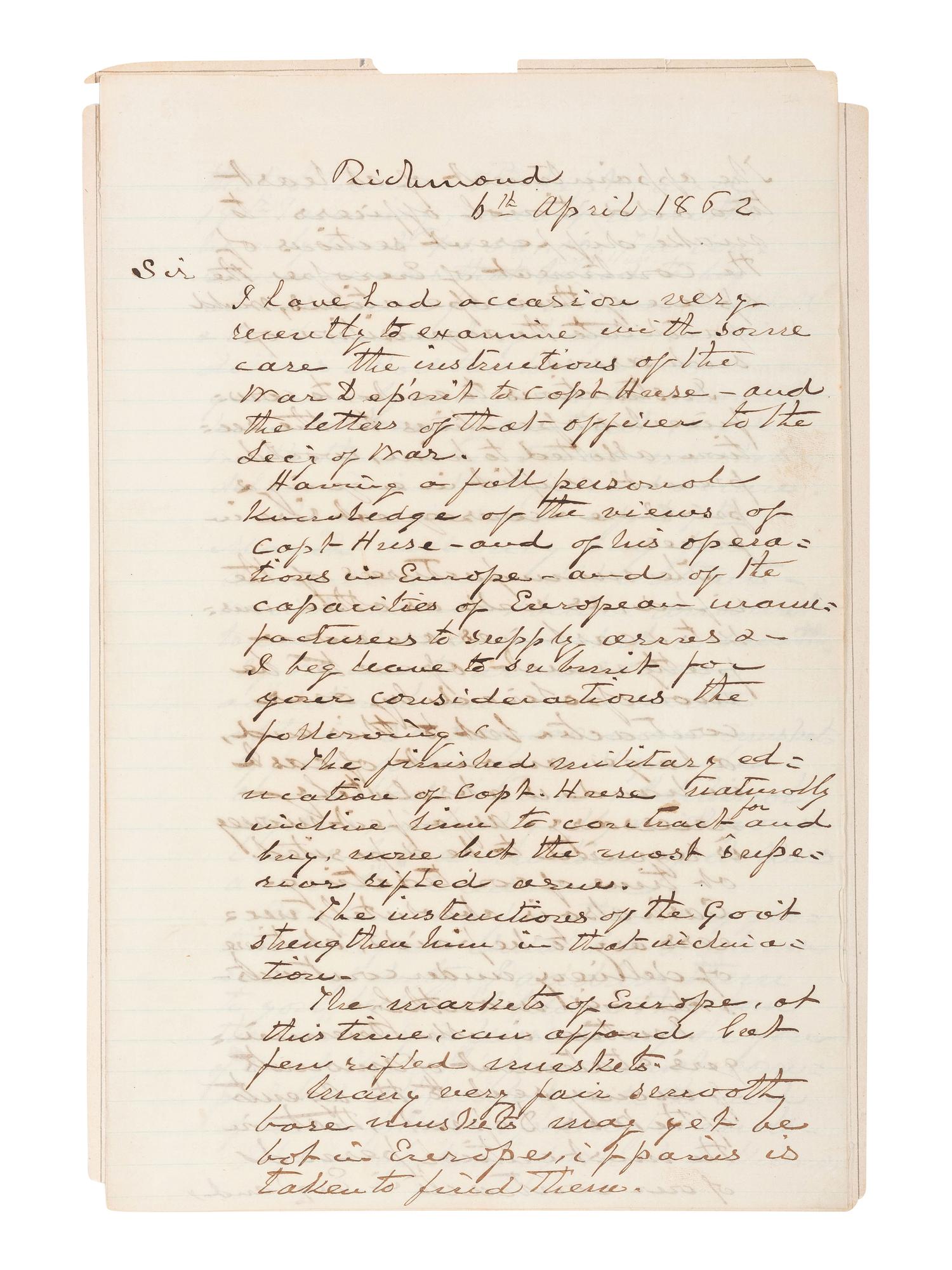 [CIVIL WAR]. YANCEY, William Lowndes (1814-1863). Leader of the Southern "Fire-Eaters." Autograph letter signed ("W.L. Yancey"), to Confederate President Jefferson Davis. Richmond, [VA], 6 April 1862. ENDORSED AND INITIALED BY DAVIS.