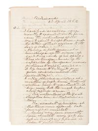 [CIVIL WAR]. YANCEY, William Lowndes (1814-1863). Leader of the Southern "Fire-Eaters." Autograph letter signed ("W.L. Yancey"), to Confederate President Jefferson Davis. Richmond, [VA], 6 April 1862. ENDORSED AND INITIALED BY DAVIS.