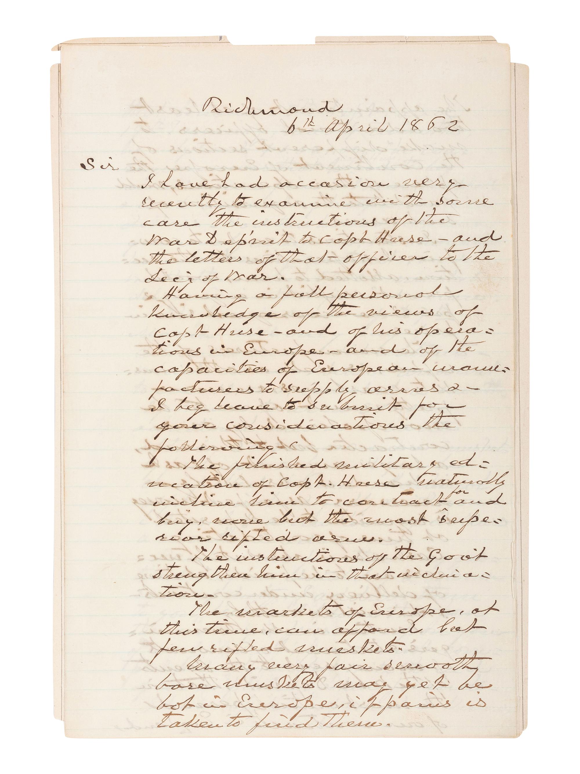 [CIVIL WAR]. YANCEY, William Lowndes (1814-1863). Leader of the Southern "Fire-Eaters." Autograph letter signed ("W.L. Yancey"), to Confederate President Jefferson Davis. Richmond, [VA], 6 April 1862. ENDORSED AND INITIALED BY DAVIS.