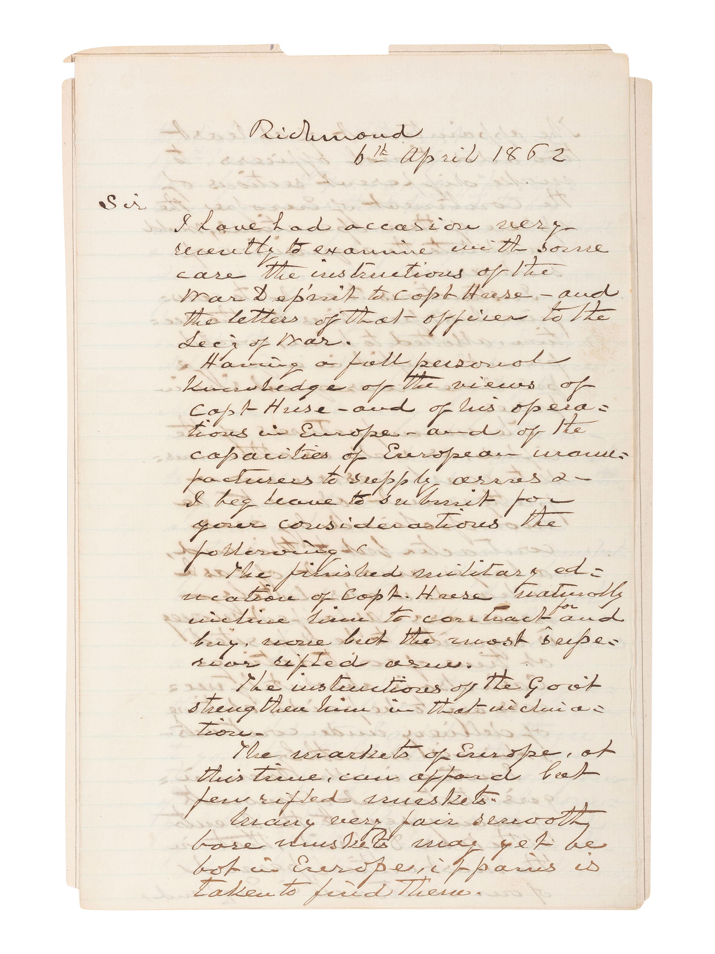 [CIVIL WAR]. YANCEY, William Lowndes (1814-1863). Leader of the Southern "Fire-Eaters." Autograph letter signed ("W.L. Yancey"), to Confederate President Jefferson Davis. Richmond, [VA], 6 April 1862. ENDORSED AND INITIALED BY DAVIS.