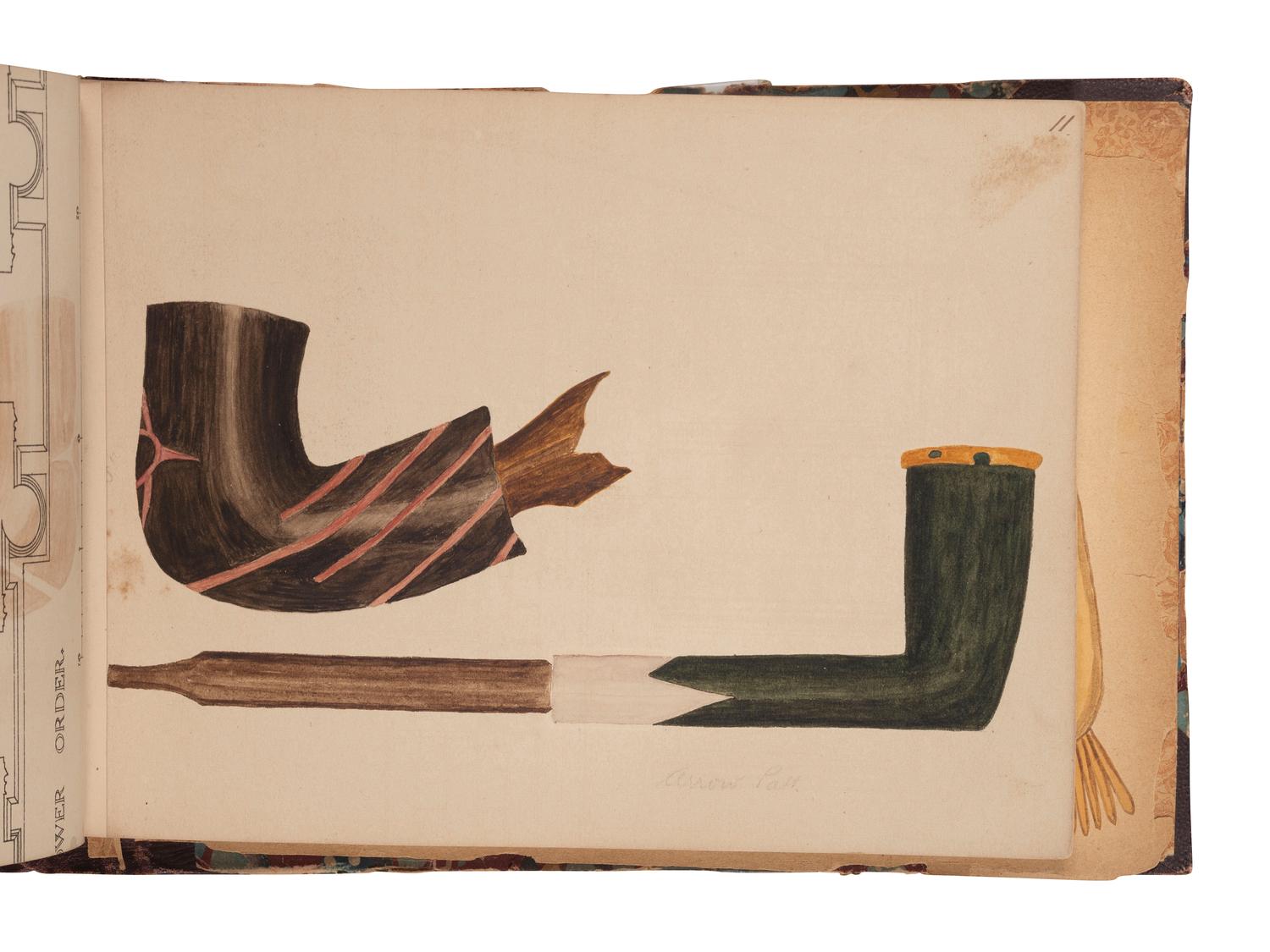 [NATIVE AMERICAN] -- [GOLD RUSH]. An album of watercolor drawings by prospector George V. Storkey (ca 1867-1942) depicting British Columbian Indigenous objects, likely related to the Nlaka’pamux, ca late 1890s-early 1900s.
